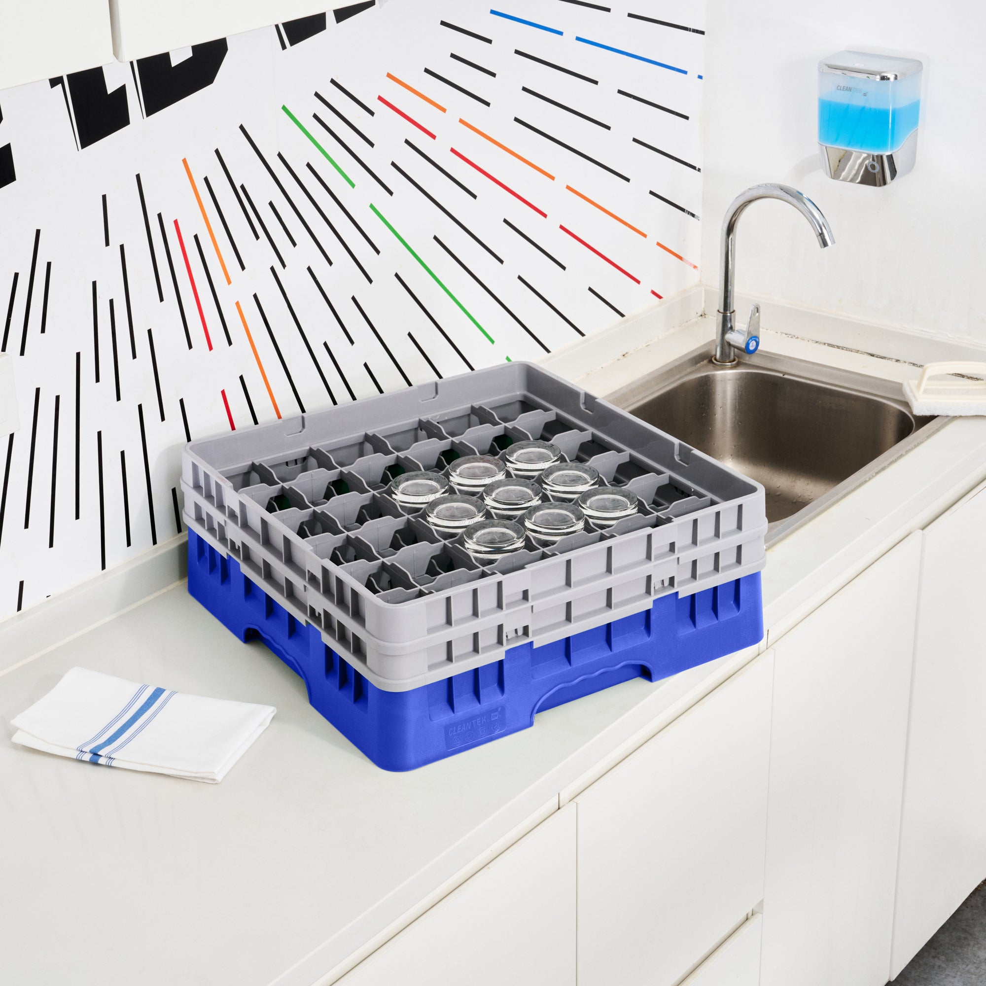 Clean Tek Professional Blue Glass Rack - 36 Compartments, 1 Full Drop and 1 Half Drop Extender - 19 3/4" x 19 3/4" x 7 1/4" - 1 count box