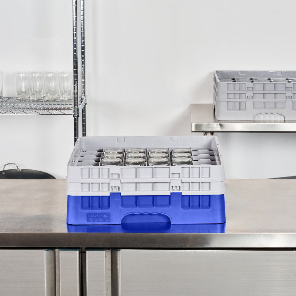 Clean Tek Professional Blue Glass Rack - 36 Compartments, 1 Full Drop and 1 Half Drop Extender - 19 3/4" x 19 3/4" x 7 1/4" - 1 count box