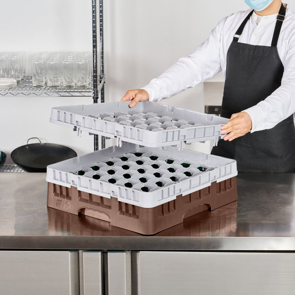 Clean Tek Professional Brown Glass Rack - 36 Compartments, 1 Full Drop and 1 Half Drop Extender - 19 3/4" x 19 3/4" x 7 1/4" - 1 count box