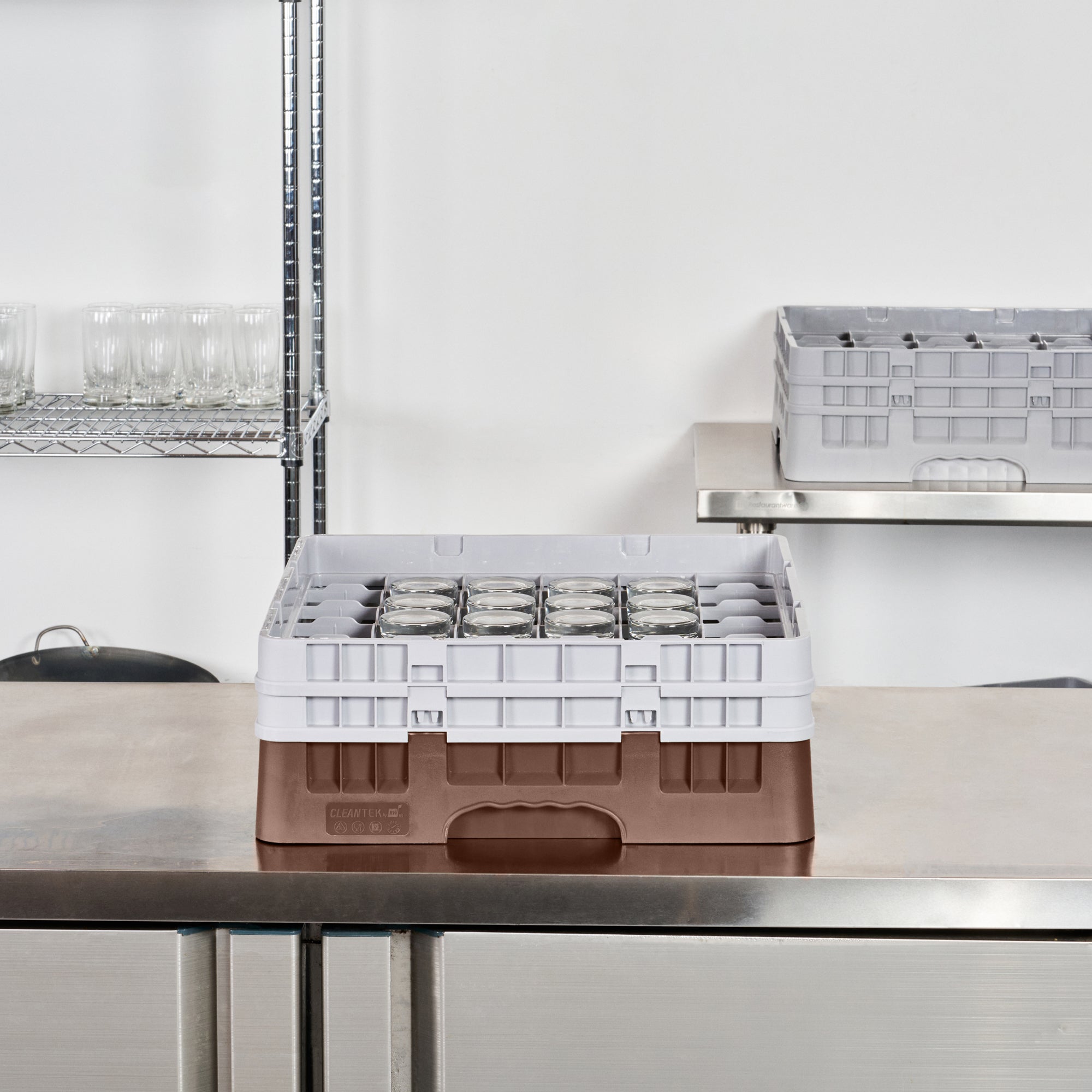 Clean Tek Professional Brown Glass Rack - 36 Compartments, 1 Full Drop and 1 Half Drop Extender - 19 3/4" x 19 3/4" x 7 1/4" - 1 count box