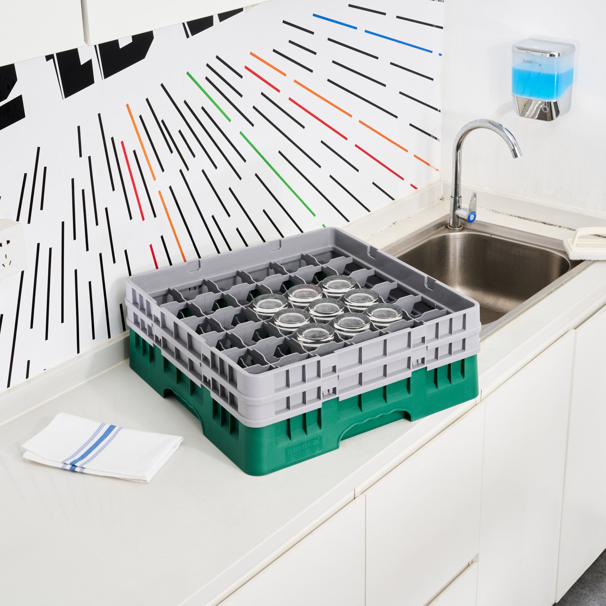 Clean Tek Professional Green Glass Rack - 36 Compartments, 1 Full Drop and 1 Half Drop Extender - 19 3/4" x 19 3/4" x 7 1/4" - 1 count box