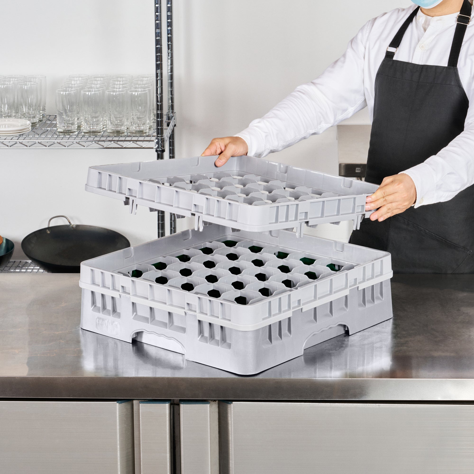 Clean Tek Professional Gray Glass Rack - 36 Compartments, 1 Full Drop and 1 Half Drop Extender - 19 3/4" x 19 3/4" x 7 1/4" - 1 count box