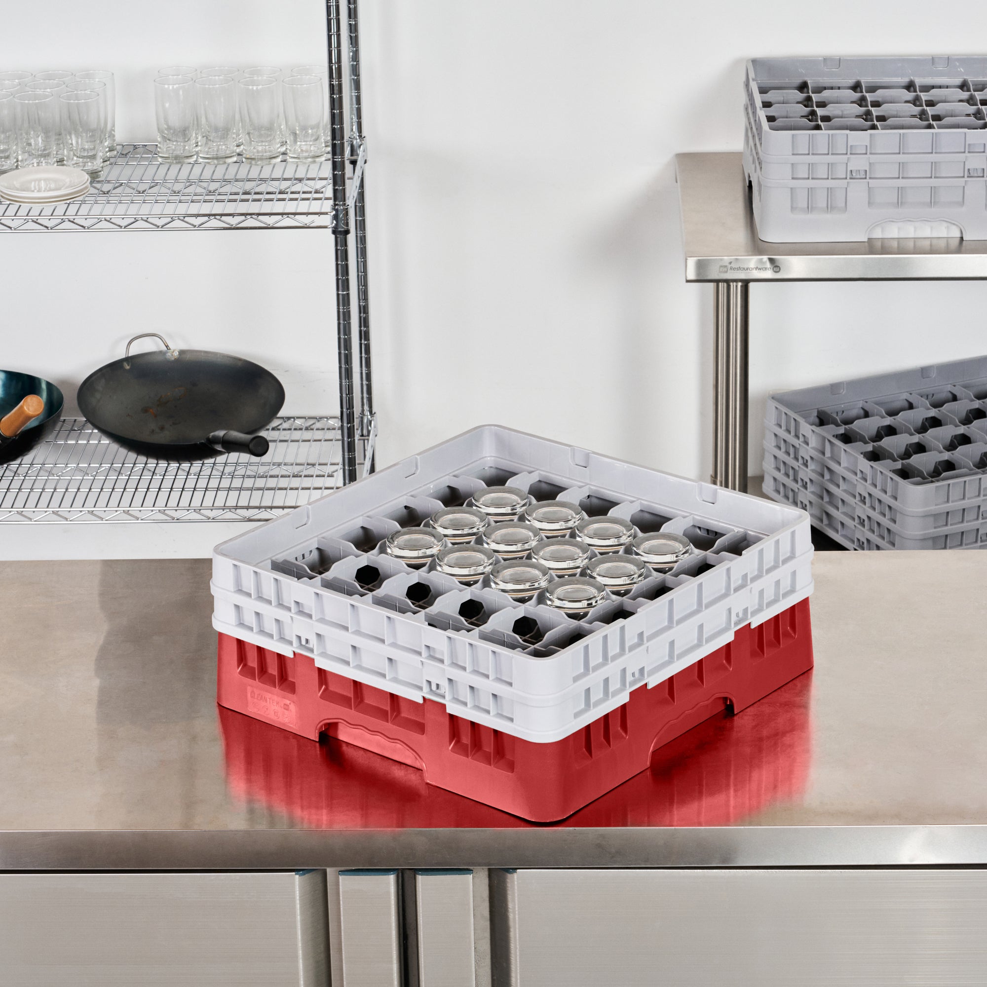 Clean Tek Professional Red Glass Rack - 36 Compartments, 1 Full Drop and 1 Half Drop Extender - 19 3/4" x 19 3/4" x 7 1/4" - 1 count box