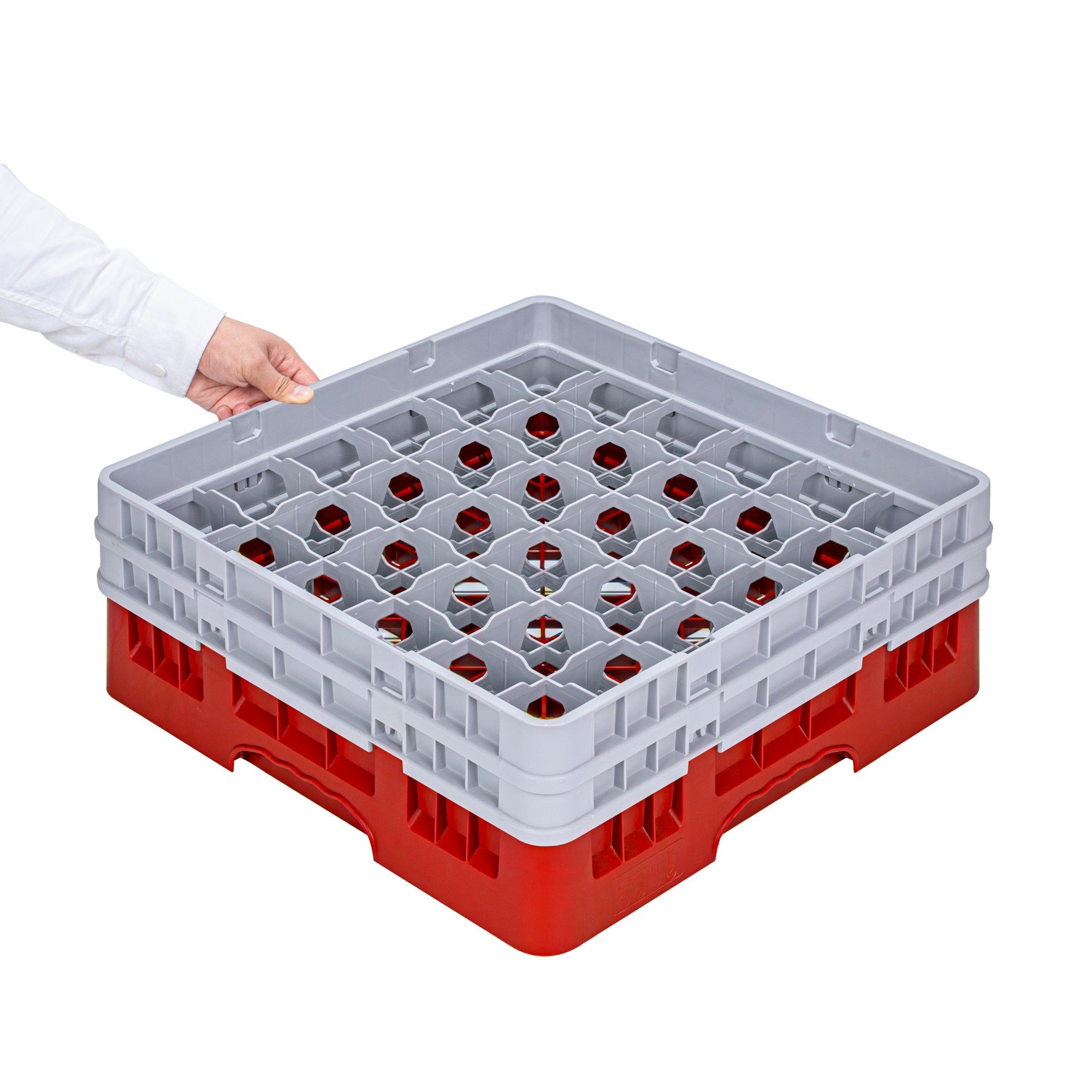 Clean Tek Professional Red Glass Rack - 36 Compartments, 1 Full Drop and 1 Half Drop Extender - 19 3/4" x 19 3/4" x 7 1/4" - 1 count box
