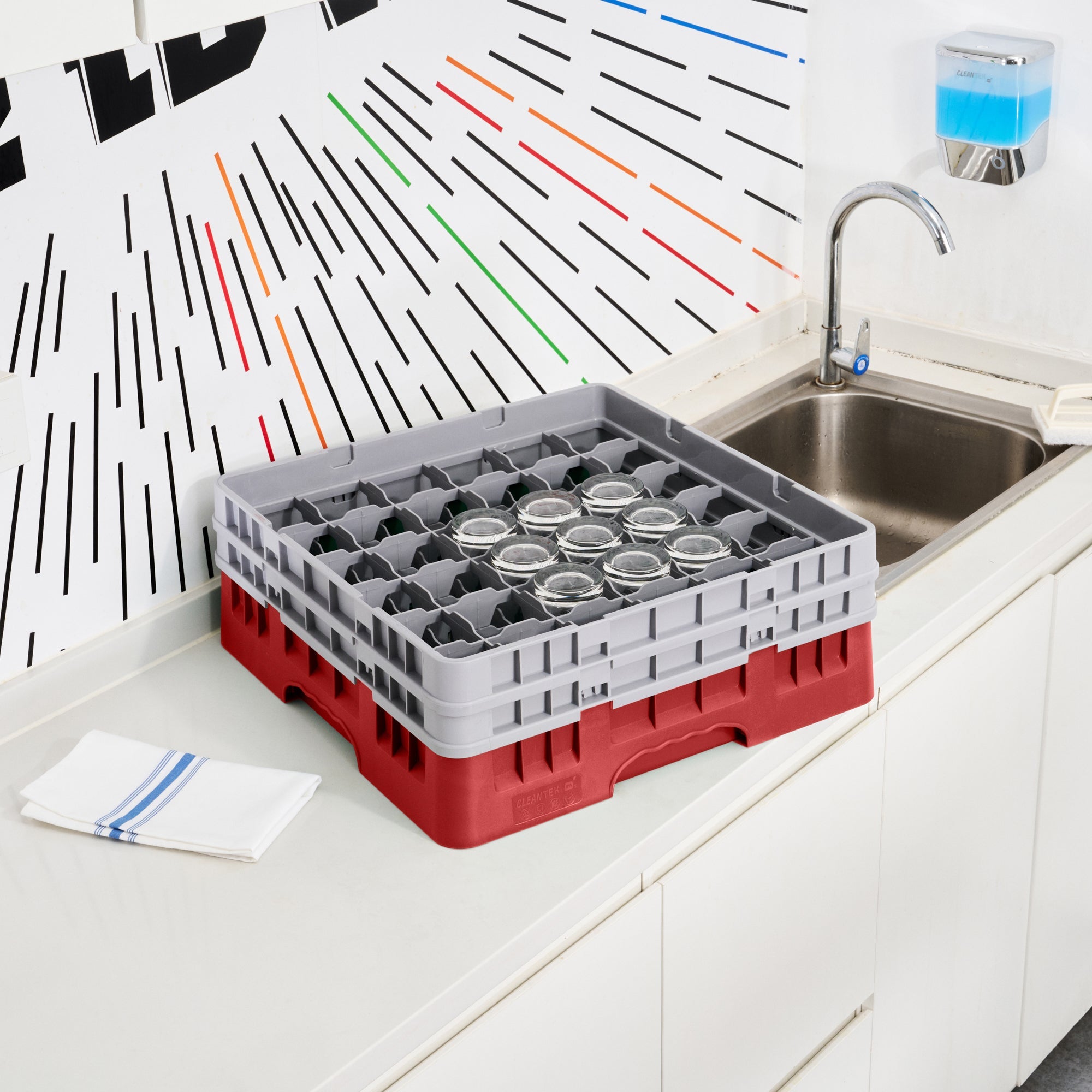 Clean Tek Professional Red Glass Rack - 36 Compartments, 1 Full Drop and 1 Half Drop Extender - 19 3/4" x 19 3/4" x 7 1/4" - 1 count box