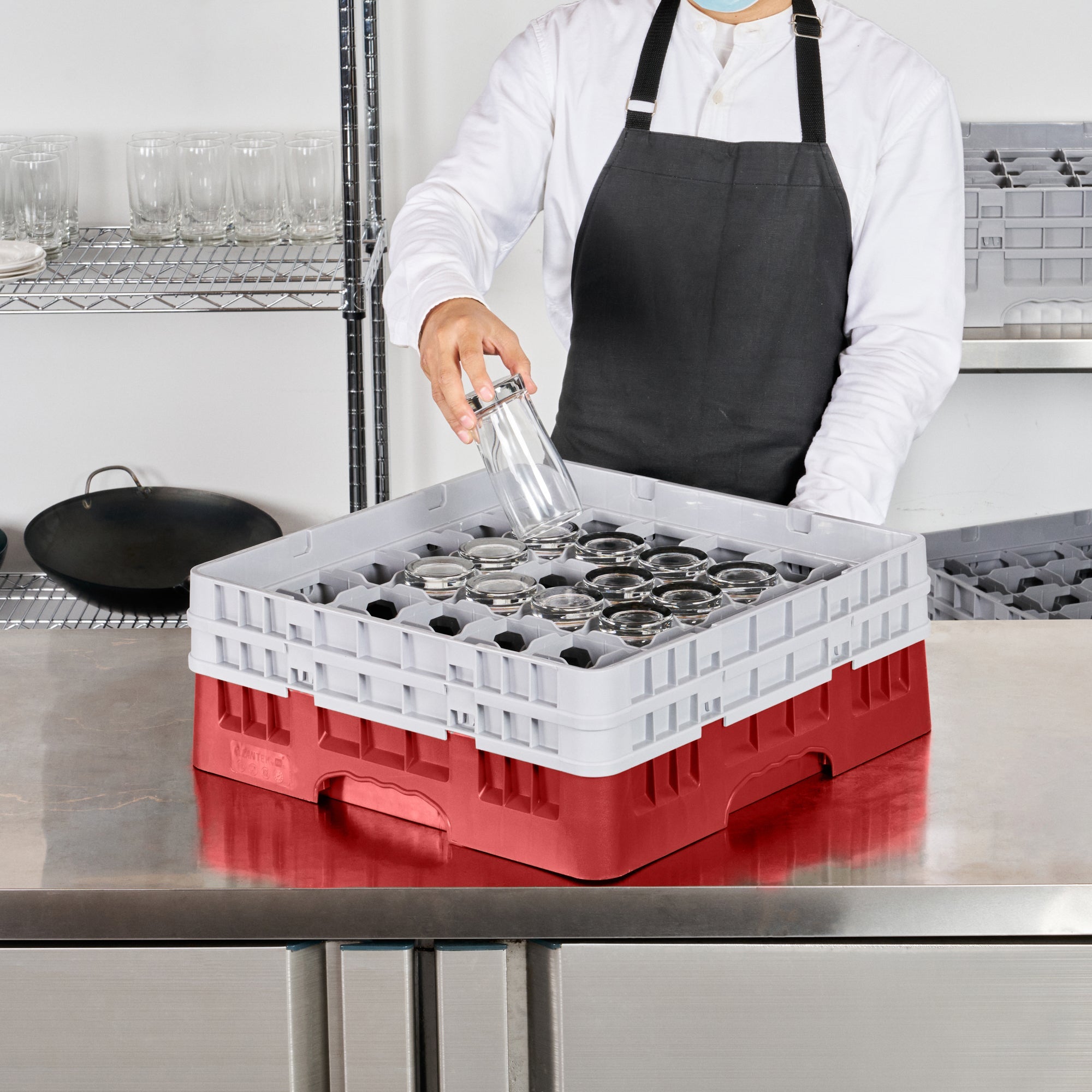 Clean Tek Professional Red Glass Rack - 36 Compartments, 1 Full Drop and 1 Half Drop Extender - 19 3/4" x 19 3/4" x 7 1/4" - 1 count box