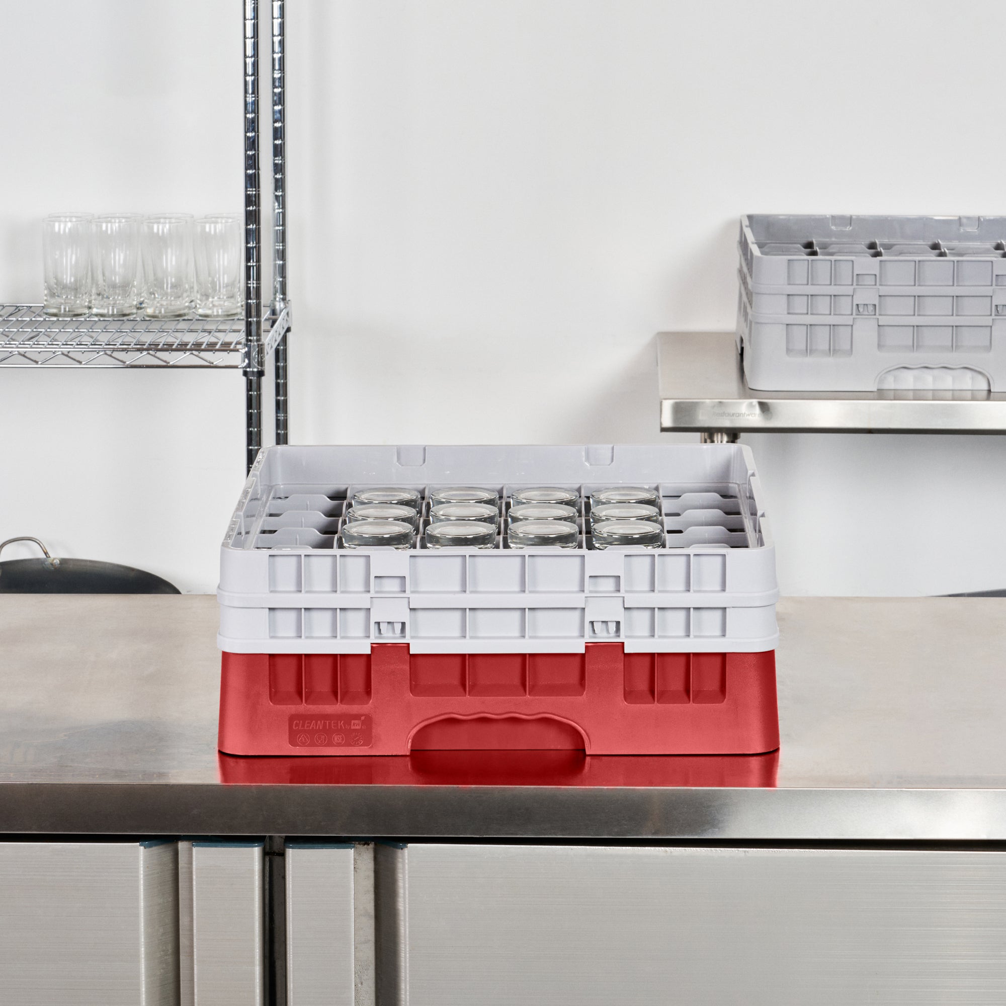 Clean Tek Professional Red Glass Rack - 36 Compartments, 1 Full Drop and 1 Half Drop Extender - 19 3/4" x 19 3/4" x 7 1/4" - 1 count box