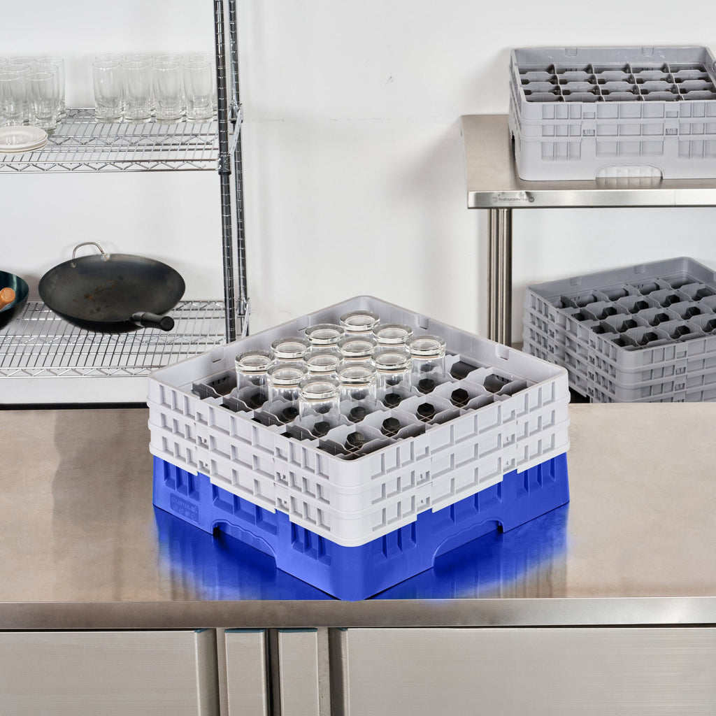 Clean Tek Professional Blue Glass Rack - 36 Compartments, 1 Full Drop and 2 Half Drop Extenders - 19 3/4" x 19 3/4" x 8 3/4" - 1 count box
