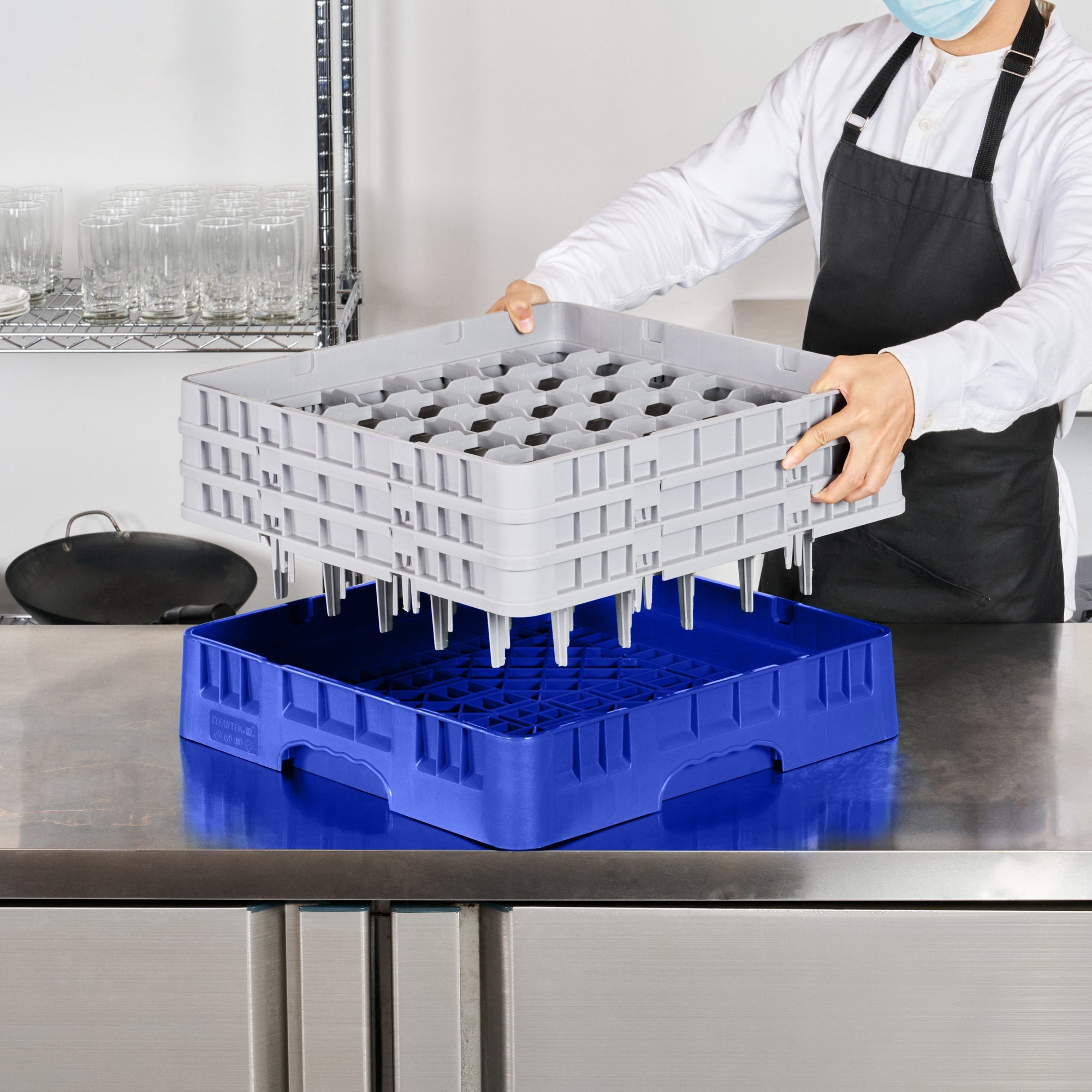 Clean Tek Professional Blue Glass Rack - 36 Compartments, 1 Full Drop and 2 Half Drop Extenders - 19 3/4" x 19 3/4" x 8 3/4" - 1 count box
