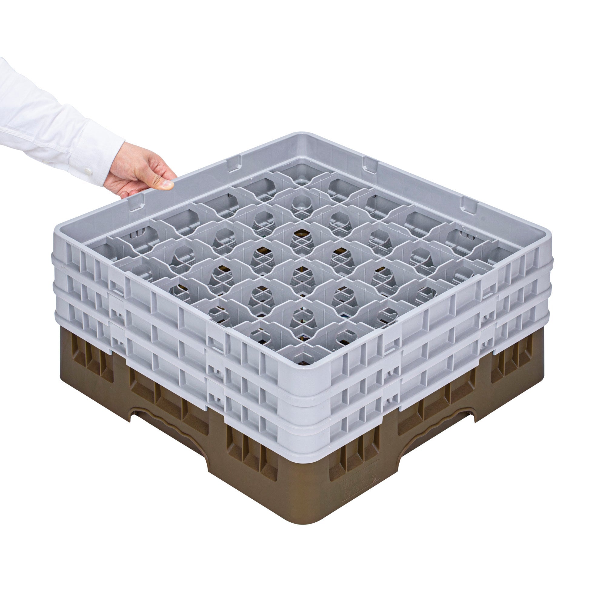 Clean Tek Professional Brown Glass Rack - 36 Compartments, 1 Full Drop and 2 Half Drop Extenders - 19 3/4" x 19 3/4" x 8 3/4" - 1 count box