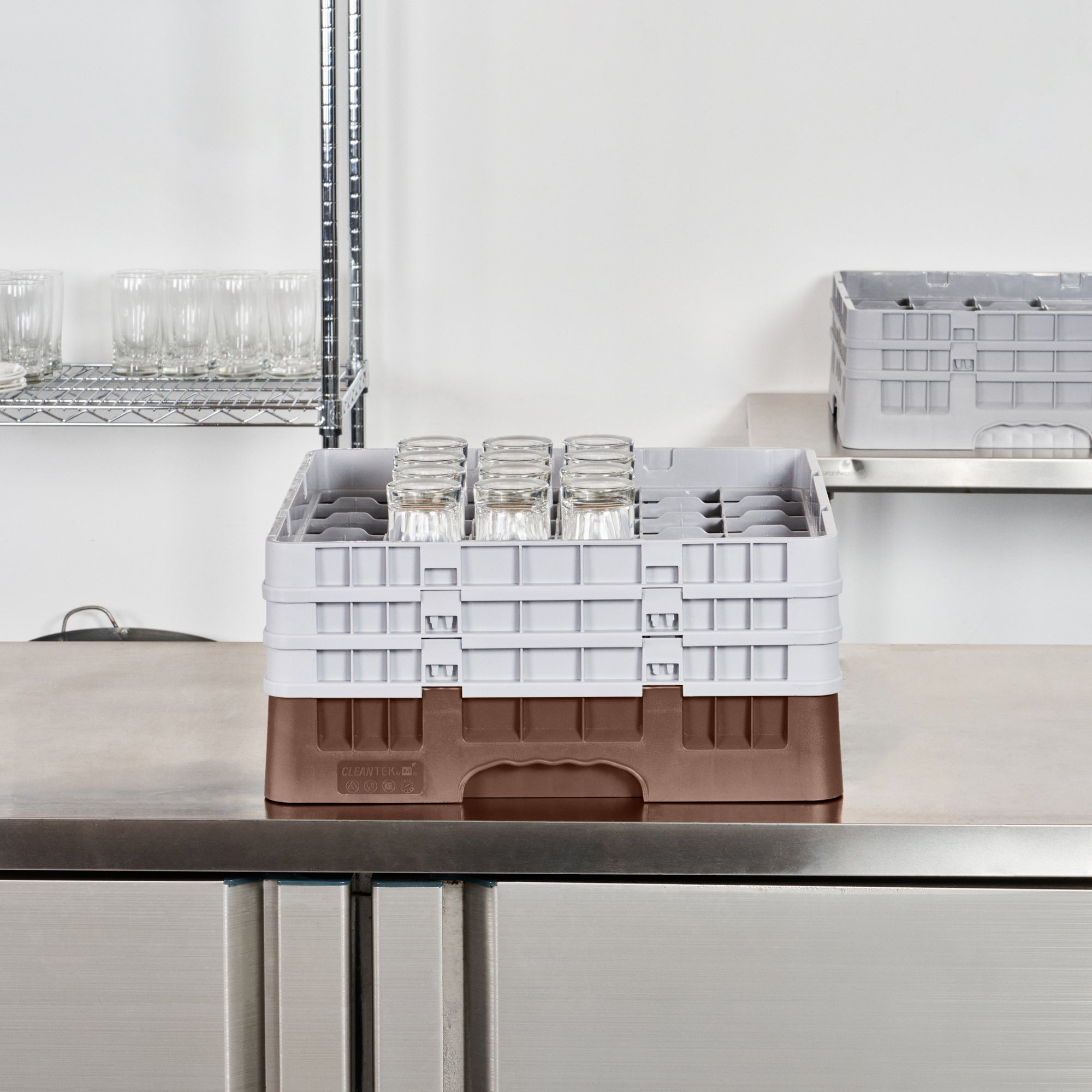 Clean Tek Professional Brown Glass Rack - 36 Compartments, 1 Full Drop and 2 Half Drop Extenders - 19 3/4" x 19 3/4" x 8 3/4" - 1 count box