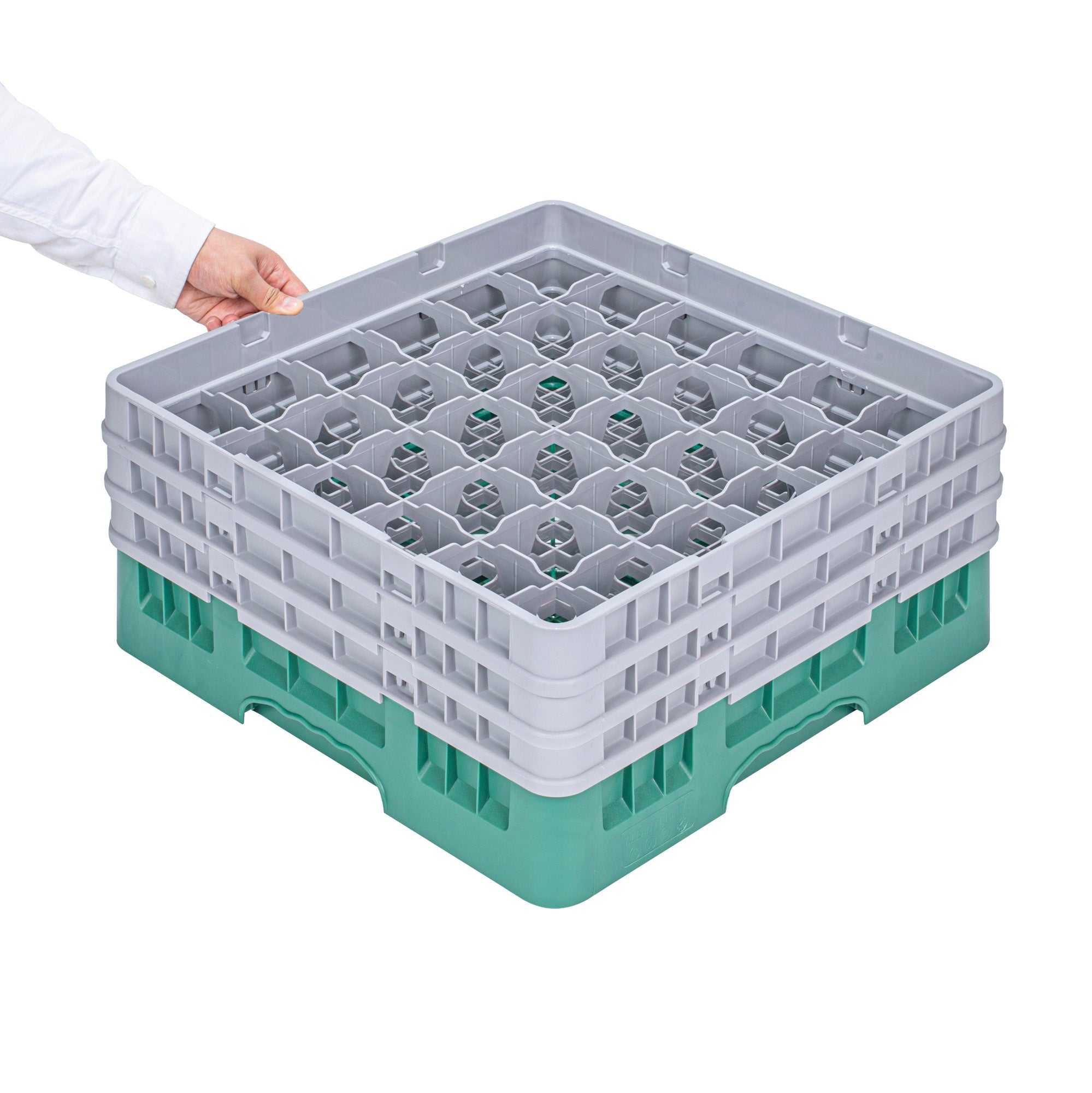 Clean Tek Professional Green Glass Rack - 36 Compartments, 1 Full Drop and 2 Half Drop Extenders - 19 3/4" x 19 3/4" x 8 3/4" - 1 count box