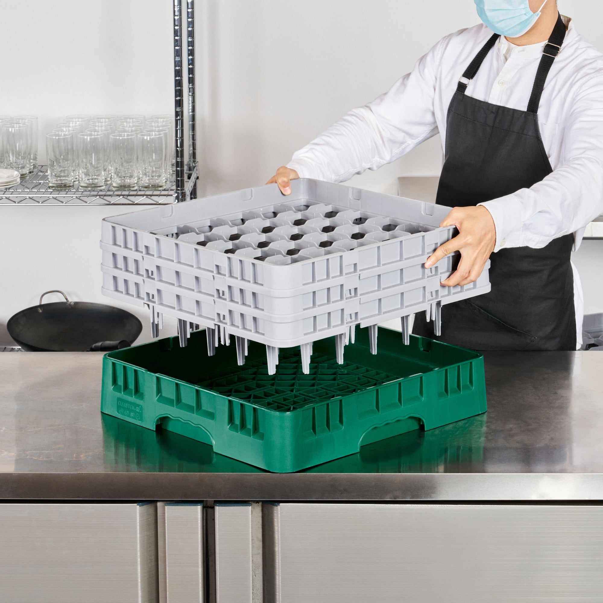 Clean Tek Professional Green Glass Rack - 36 Compartments, 1 Full Drop and 2 Half Drop Extenders - 19 3/4" x 19 3/4" x 8 3/4" - 1 count box
