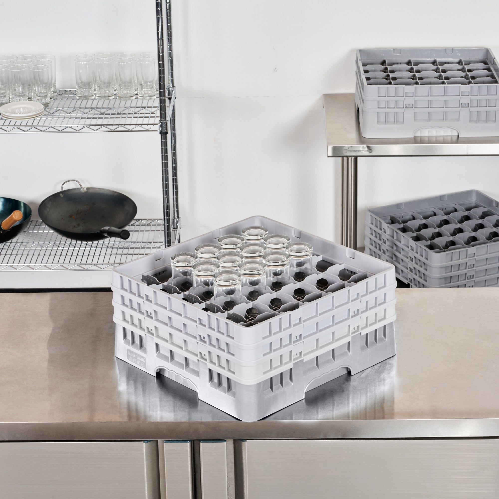 Clean Tek Professional Gray Glass Rack - 36 Compartments, 1 Full Drop and 2 Half Drop Extenders - 19 3/4" x 19 3/4" x 8 3/4" - 1 count box