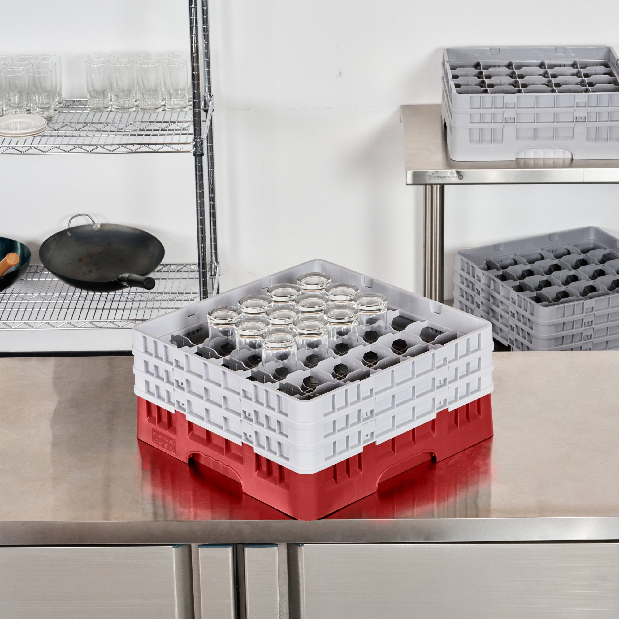 Clean Tek Professional Red Glass Rack - 36 Compartments, 1 Full Drop and 2 Half Drop Extenders - 19 3/4" x 19 3/4" x 8 3/4" - 1 count box
