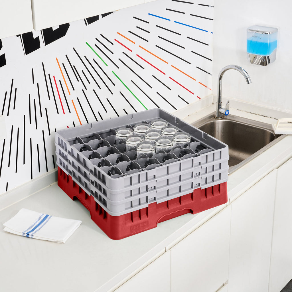 Clean Tek Professional Red Glass Rack - 36 Compartments, 1 Full Drop and 2 Half Drop Extenders - 19 3/4" x 19 3/4" x 8 3/4" - 1 count box