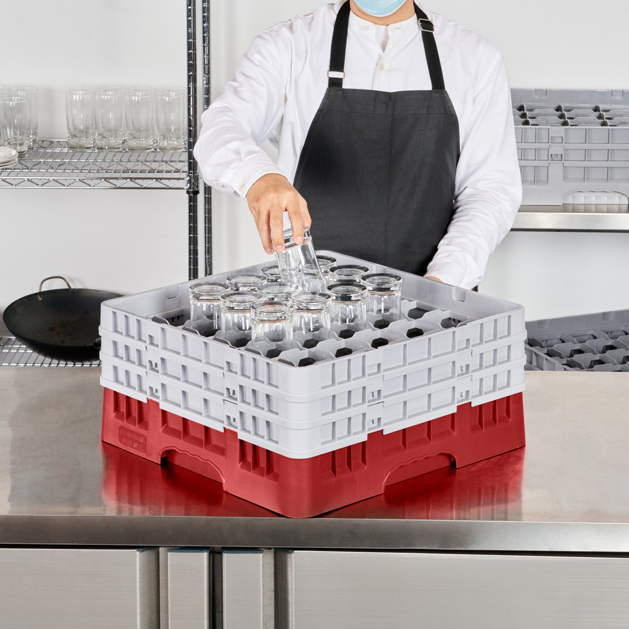 Clean Tek Professional Red Glass Rack - 36 Compartments, 1 Full Drop and 2 Half Drop Extenders - 19 3/4" x 19 3/4" x 8 3/4" - 1 count box