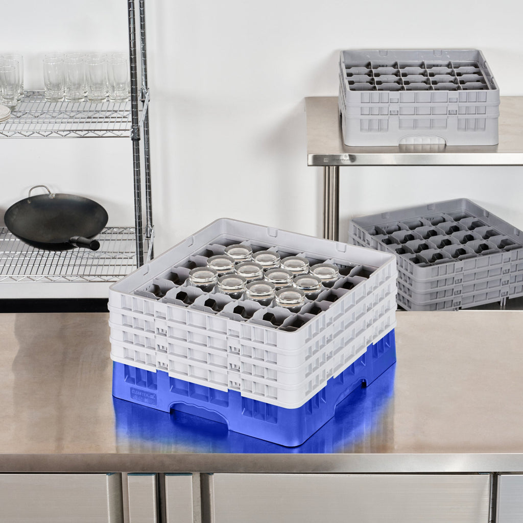 Clean Tek Professional Blue Glass Rack - 36 Compartments, 1 Full Drop and 3 Half Drop Extenders - 19 3/4" x 19 3/4" x 10 1/2" - 1 count box
