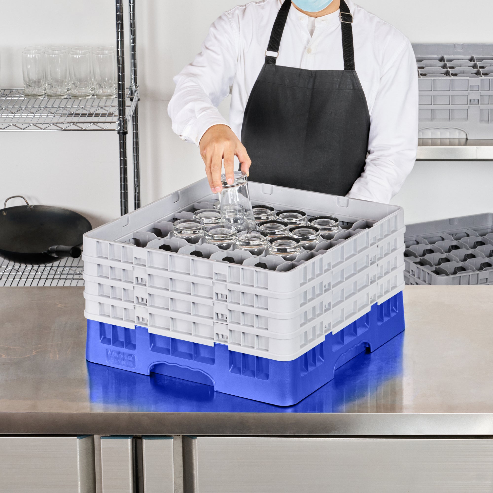 Clean Tek Professional Blue Glass Rack - 36 Compartments, 1 Full Drop and 3 Half Drop Extenders - 19 3/4" x 19 3/4" x 10 1/2" - 1 count box