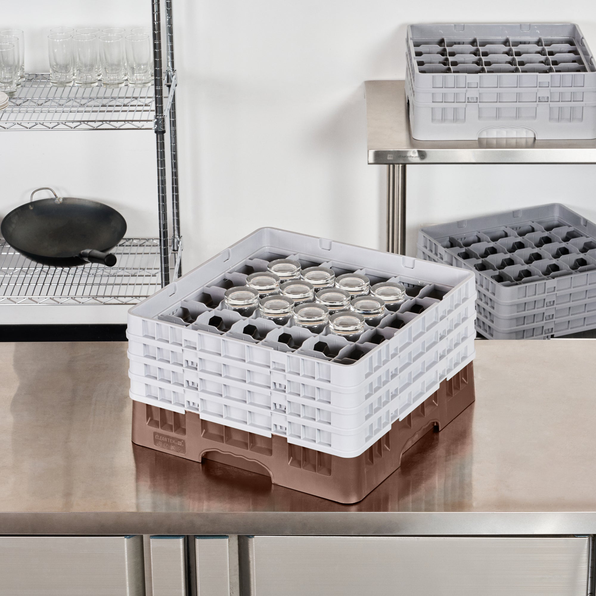 Clean Tek Professional Brown Glass Rack - 36 Compartments, 1 Full Drop and 3 Half Drop Extenders - 19 3/4" x 19 3/4" x 10 1/2" - 1 count box