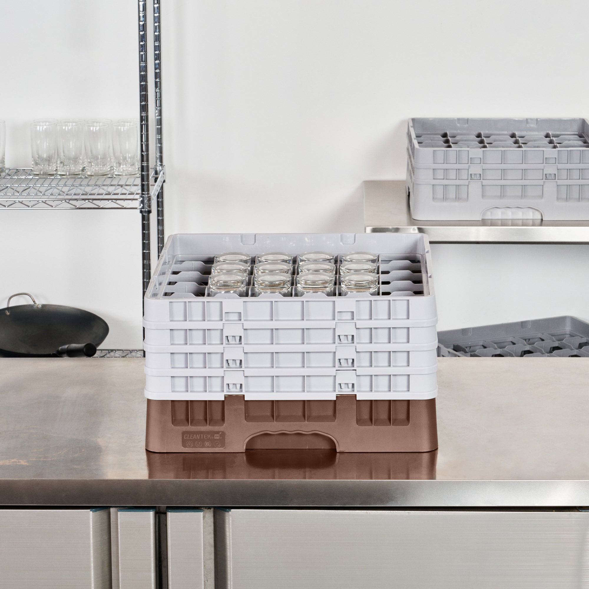 Clean Tek Professional Brown Glass Rack - 36 Compartments, 1 Full Drop and 3 Half Drop Extenders - 19 3/4" x 19 3/4" x 10 1/2" - 1 count box