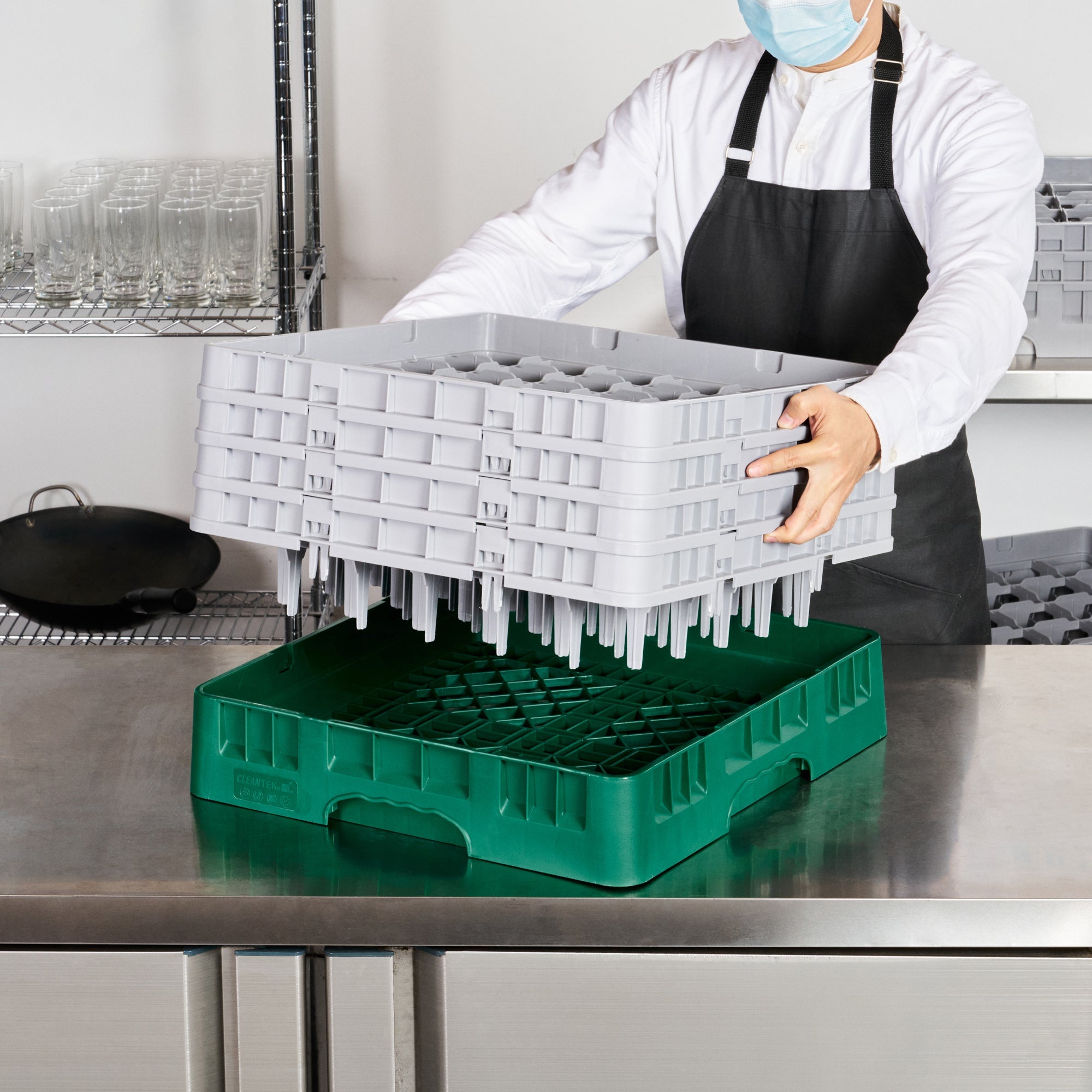 Clean Tek Professional Green Glass Rack - 36 Compartments, 1 Full Drop and 3 Half Drop Extenders - 19 3/4" x 19 3/4" x 10 1/2" - 1 count box