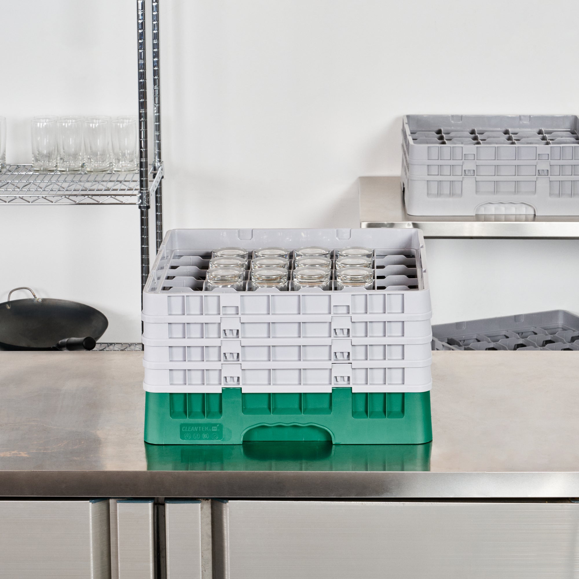 Clean Tek Professional Green Glass Rack - 36 Compartments, 1 Full Drop and 3 Half Drop Extenders - 19 3/4" x 19 3/4" x 10 1/2" - 1 count box