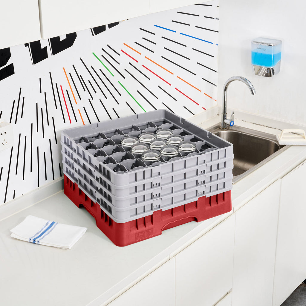 Clean Tek Professional Red Glass Rack - 36 Compartments, 1 Full Drop and 3 Half Drop Extenders - 19 3/4" x 19 3/4" x 10 1/2" - 1 count box