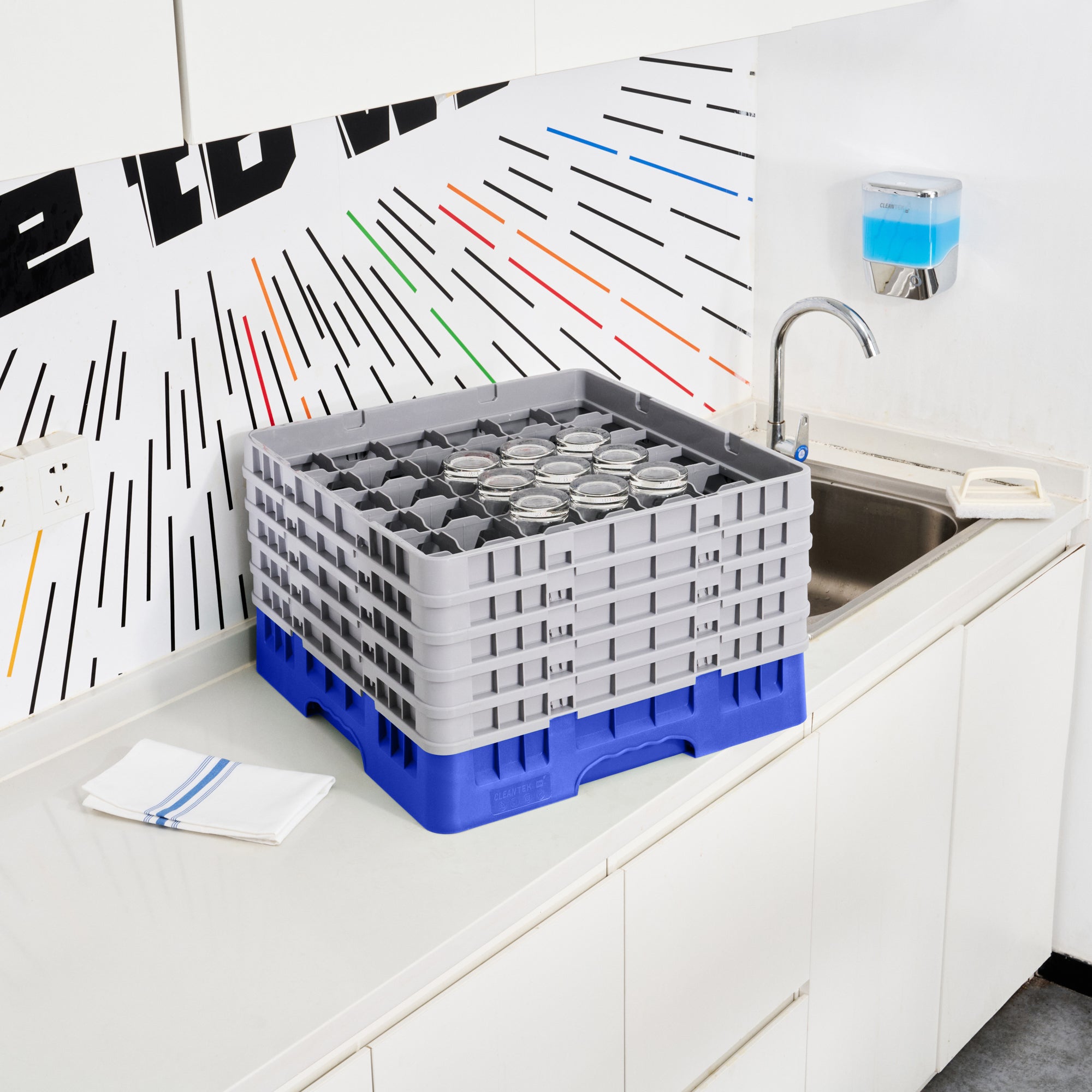 Clean Tek Professional Blue Glass Rack - 36 Compartments, 1 Full Drop and 4 Half Drop Extenders - 19 3/4" x 19 3/4" x 12 1/4" - 1 count box