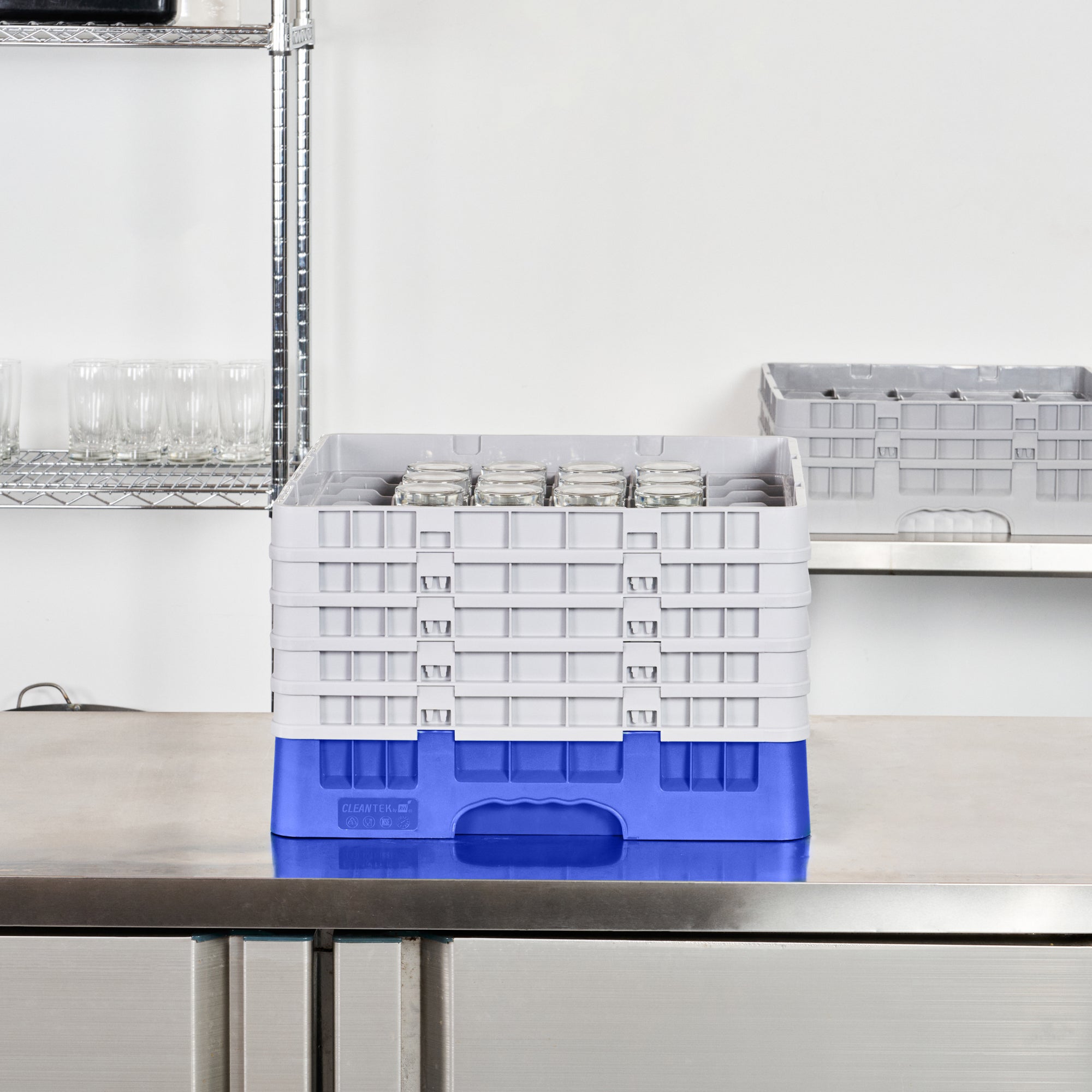 Clean Tek Professional Blue Glass Rack - 36 Compartments, 1 Full Drop and 4 Half Drop Extenders - 19 3/4" x 19 3/4" x 12 1/4" - 1 count box