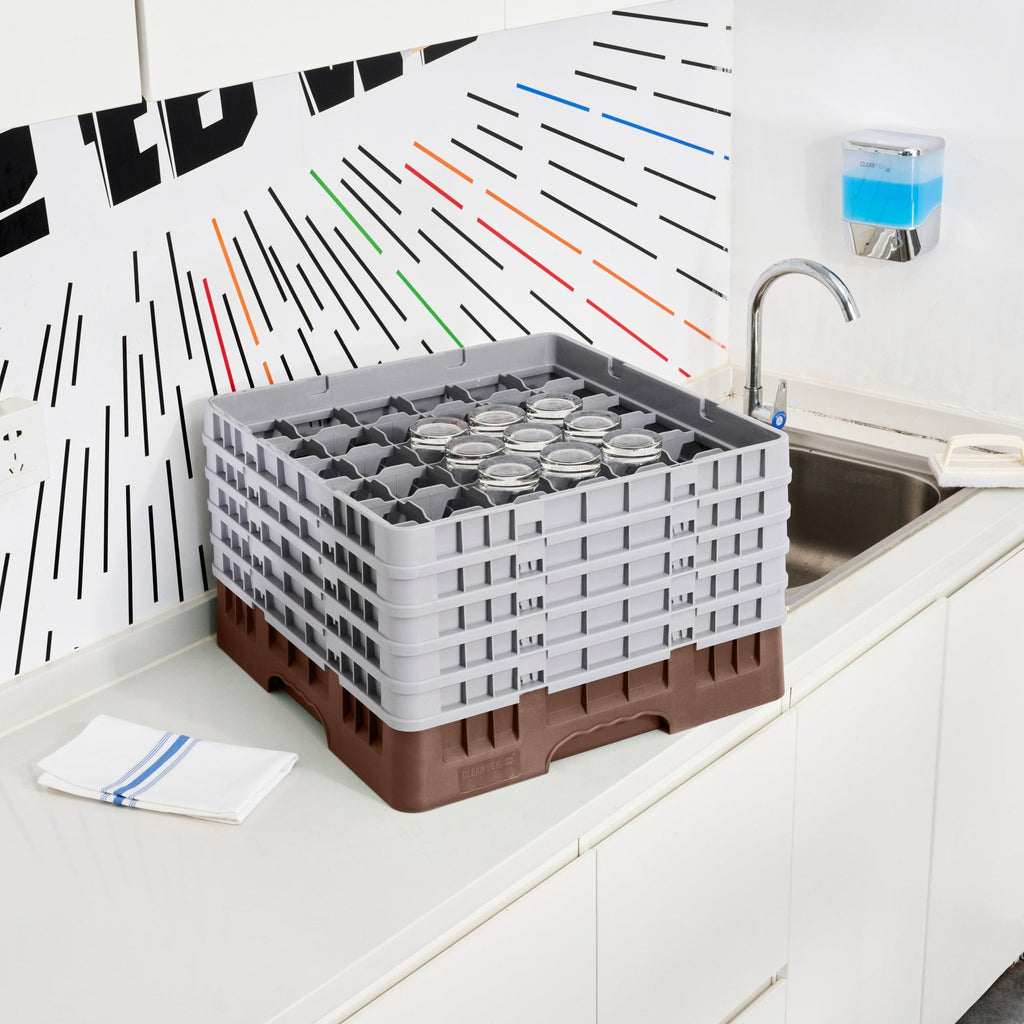 Clean Tek Professional Brown Glass Rack - 36 Compartments, 1 Full Drop and 4 Half Drop Extenders - 19 3/4" x 19 3/4" x 12 1/4" - 1 count box