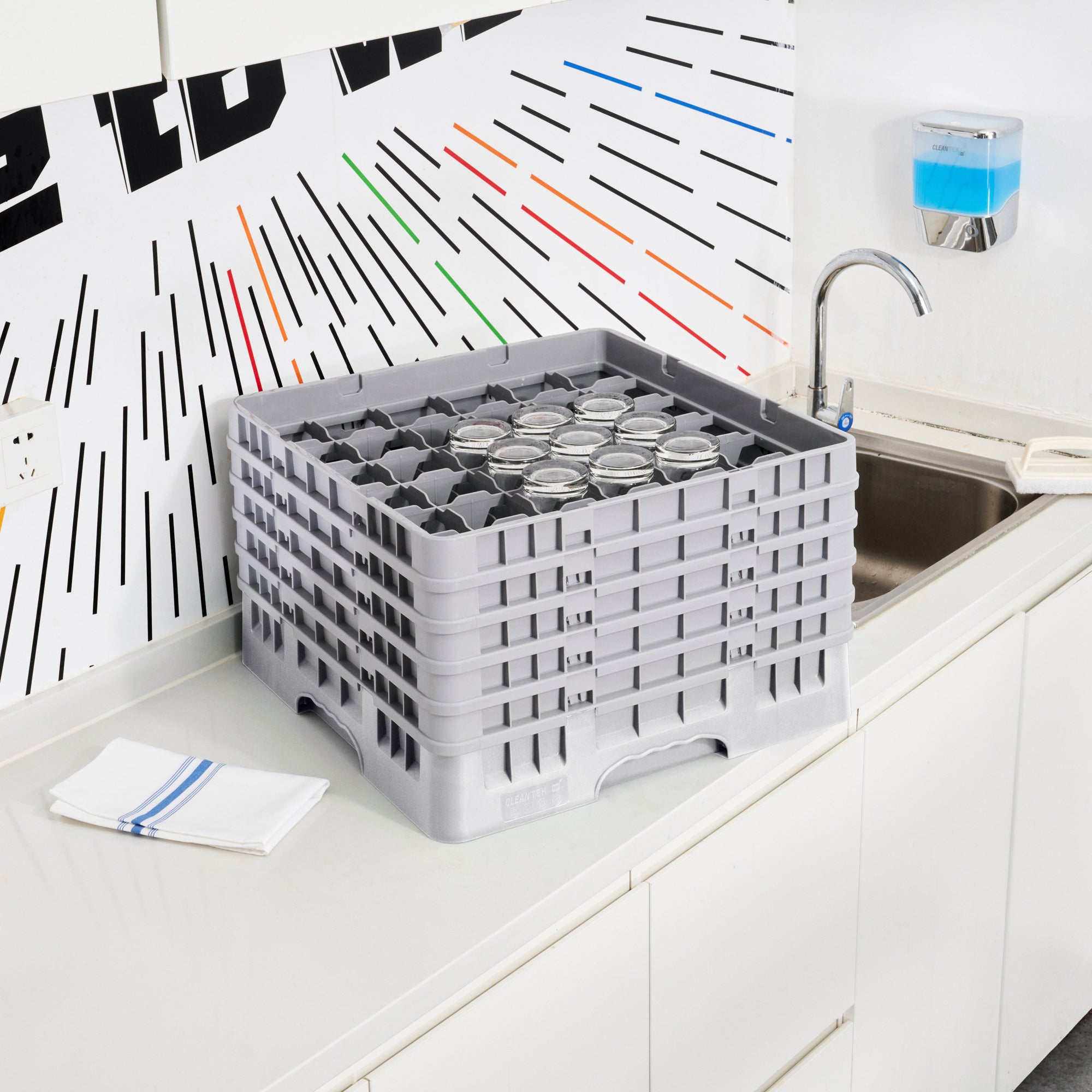 Clean Tek Professional Gray Glass Rack - 36 Compartments, 1 Full Drop and 4 Half Drop Extenders - 19 3/4" x 19 3/4" x 12 1/4" - 1 count box
