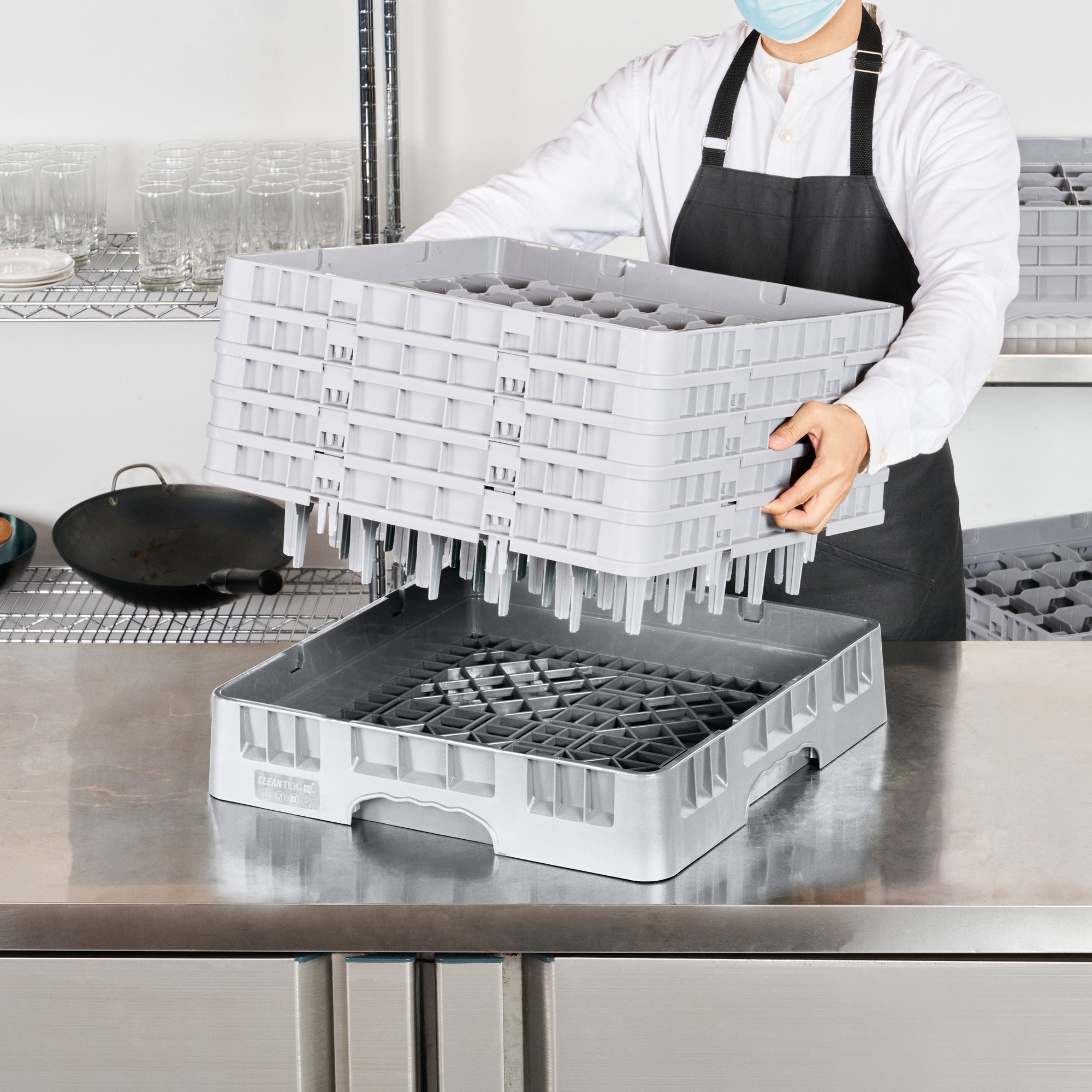Clean Tek Professional Gray Glass Rack - 36 Compartments, 1 Full Drop and 4 Half Drop Extenders - 19 3/4" x 19 3/4" x 12 1/4" - 1 count box