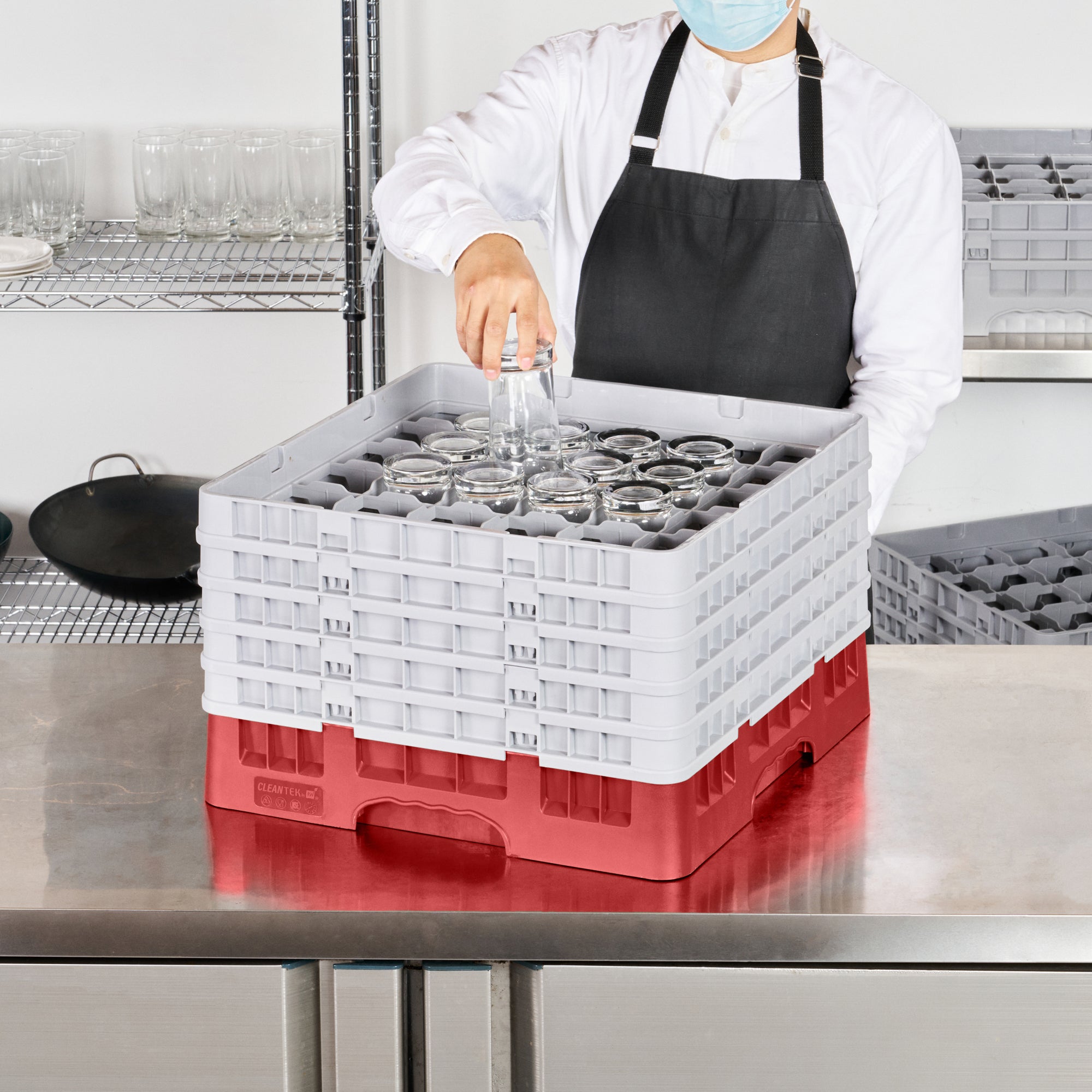 Clean Tek Professional Red Glass Rack - 36 Compartments, 1 Full Drop and 4 Half Drop Extenders - 19 3/4" x 19 3/4" x 12 1/4" - 1 count box