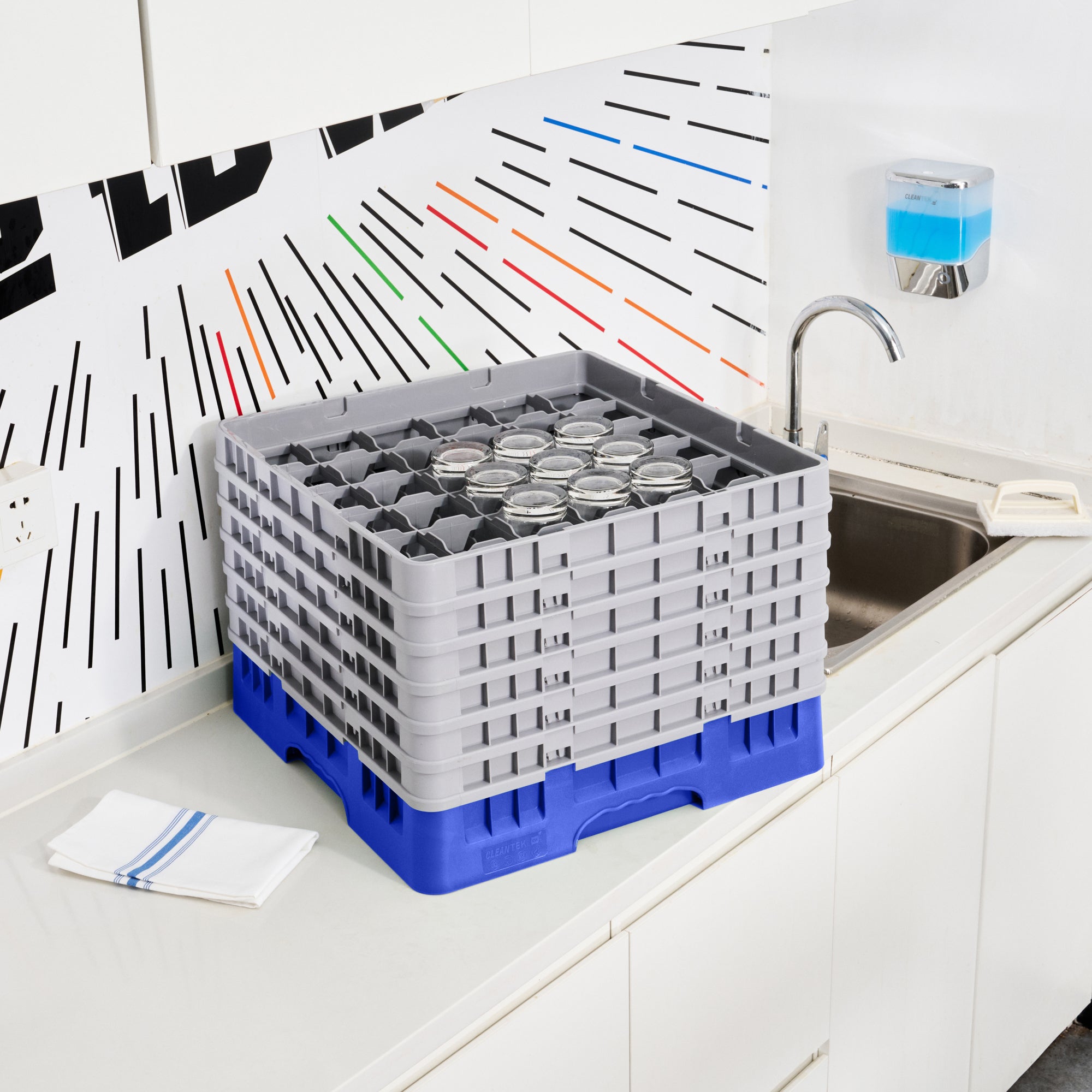 Clean Tek Professional Blue Glass Rack - 36 Compartments, 1 Full Drop and 5 Half Drop Extenders - 19 3/4" x 19 3/4" x 13 3/4" - 1 count box
