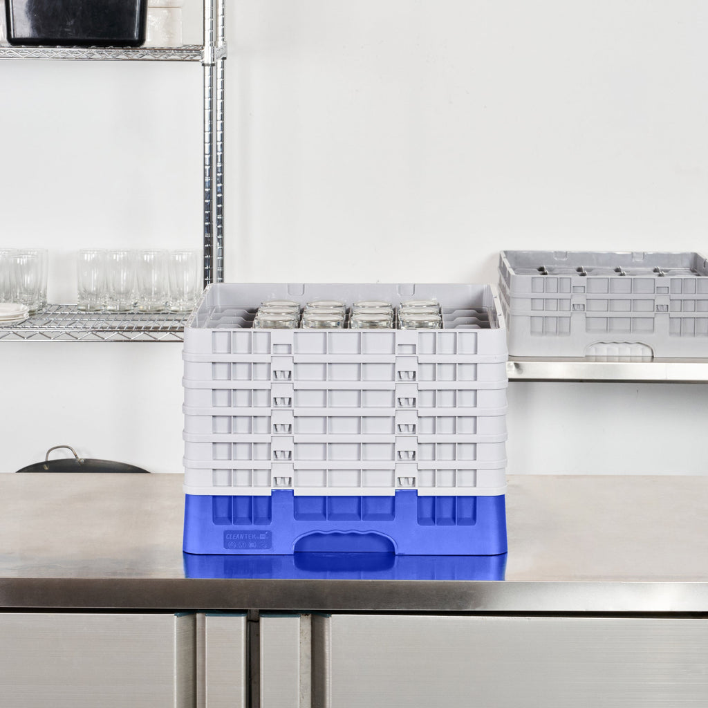 Clean Tek Professional Blue Glass Rack - 36 Compartments, 1 Full Drop and 5 Half Drop Extenders - 19 3/4" x 19 3/4" x 13 3/4" - 1 count box