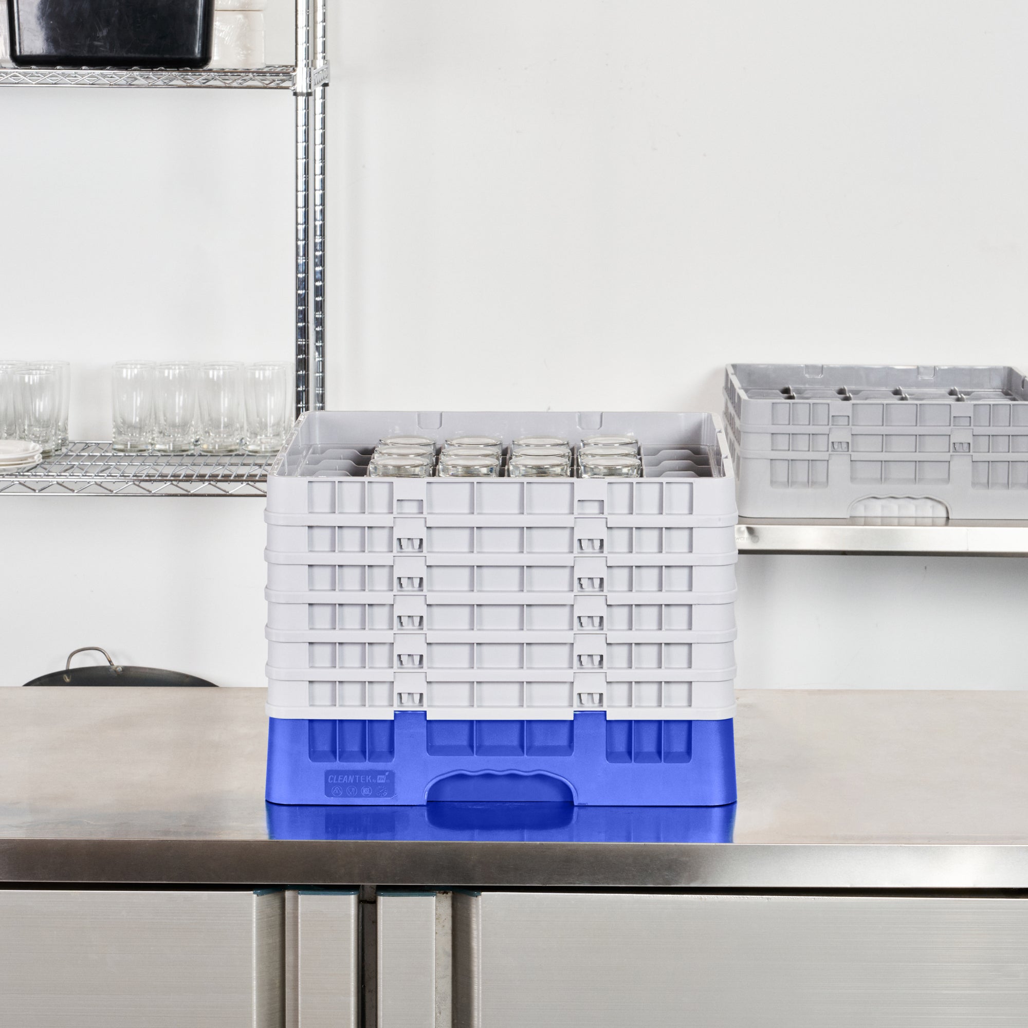 Clean Tek Professional Blue Glass Rack - 36 Compartments, 1 Full Drop and 5 Half Drop Extenders - 19 3/4" x 19 3/4" x 13 3/4" - 1 count box