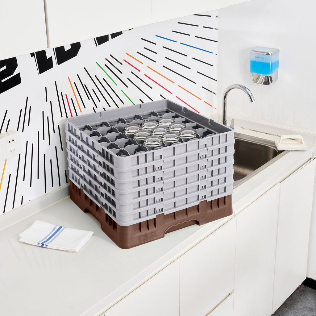 Clean Tek Professional Brown Glass Rack - 36 Compartments, 1 Full Drop and 5 Half Drop Extenders - 19 3/4" x 19 3/4" x 13 3/4" - 1 count box