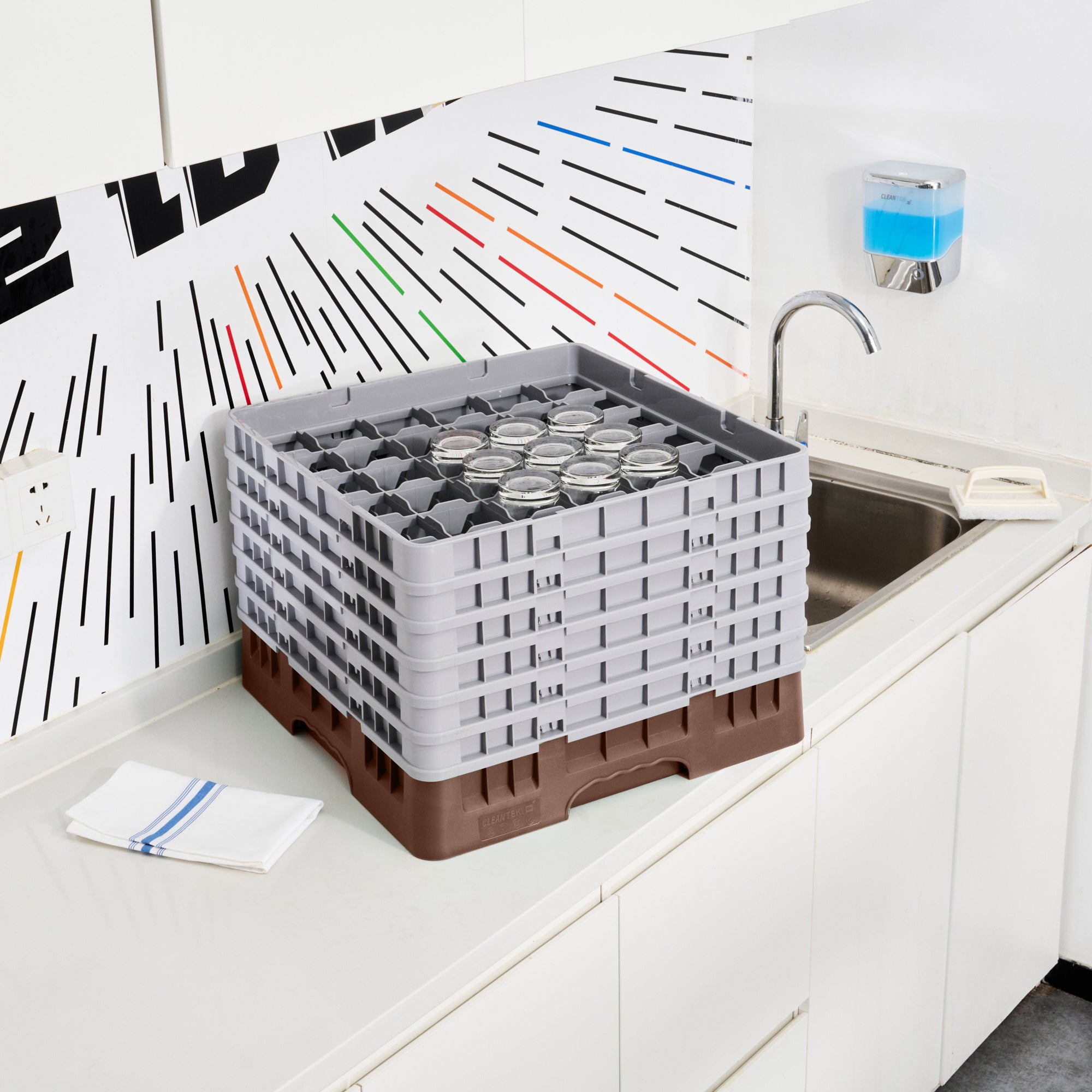 Clean Tek Professional Brown Glass Rack - 36 Compartments, 1 Full Drop and 5 Half Drop Extenders - 19 3/4" x 19 3/4" x 13 3/4" - 1 count box