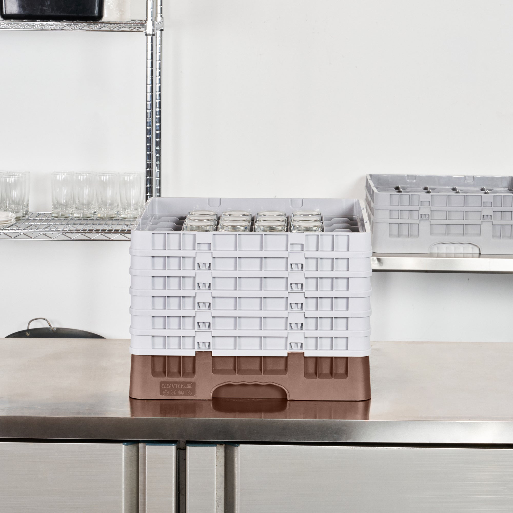 Clean Tek Professional Brown Glass Rack - 36 Compartments, 1 Full Drop and 5 Half Drop Extenders - 19 3/4" x 19 3/4" x 13 3/4" - 1 count box