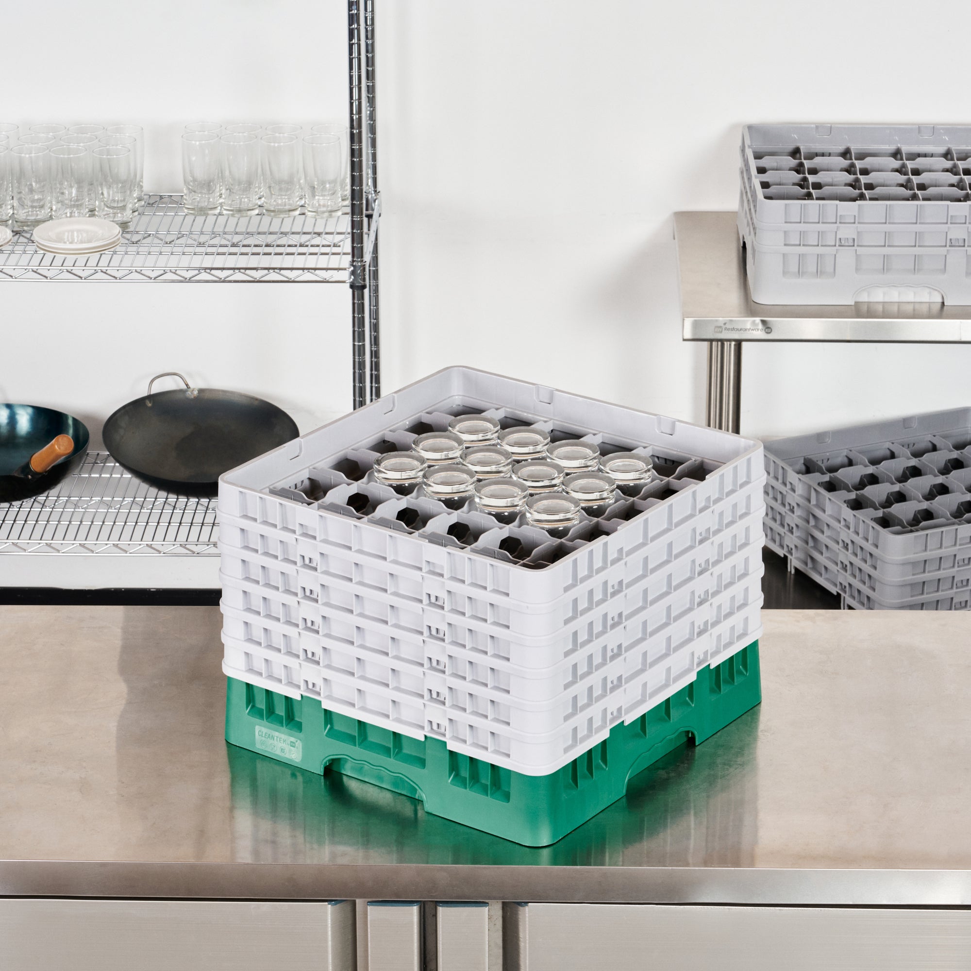 Clean Tek Professional Green Glass Rack - 36 Compartments, 1 Full Drop and 5 Half Drop Extenders - 19 3/4" x 19 3/4" x 13 3/4" - 1 count box