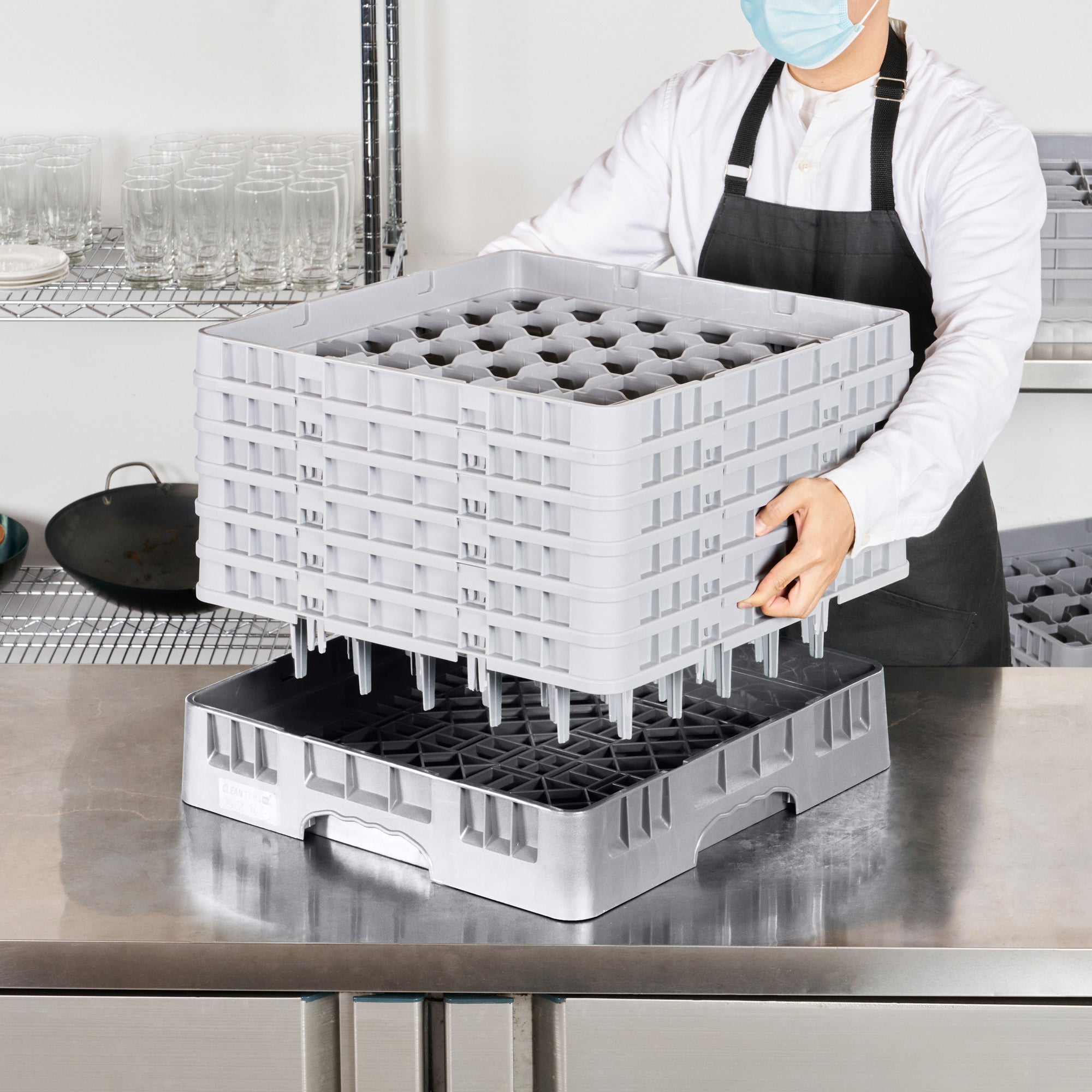 Clean Tek Professional Gray Glass Rack - 36 Compartments, 1 Full Drop and 5 Half Drop Extenders - 19 3/4" x 19 3/4" x 13 3/4" - 1 count box