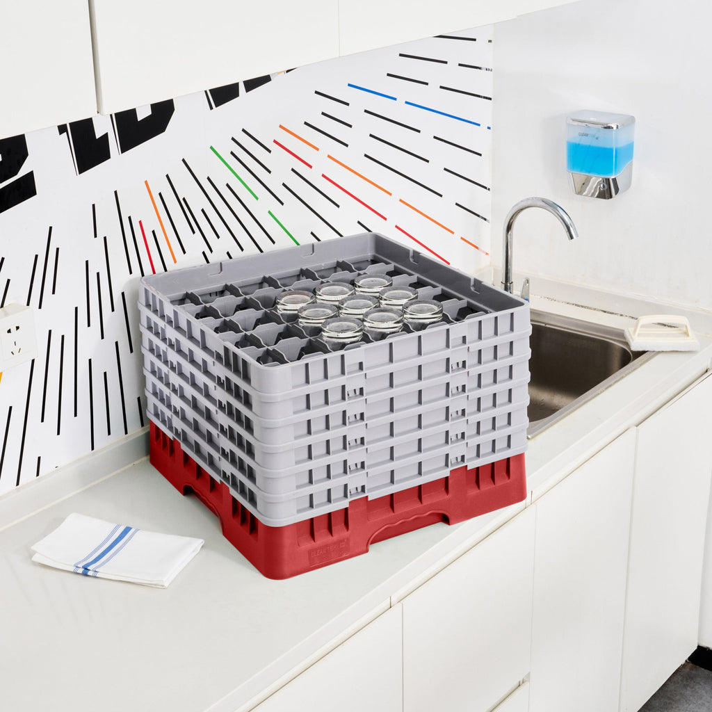 Clean Tek Professional Red Glass Rack - 36 Compartments, 1 Full Drop and 5 Half Drop Extenders - 19 3/4" x 19 3/4" x 13 3/4" - 1 count box