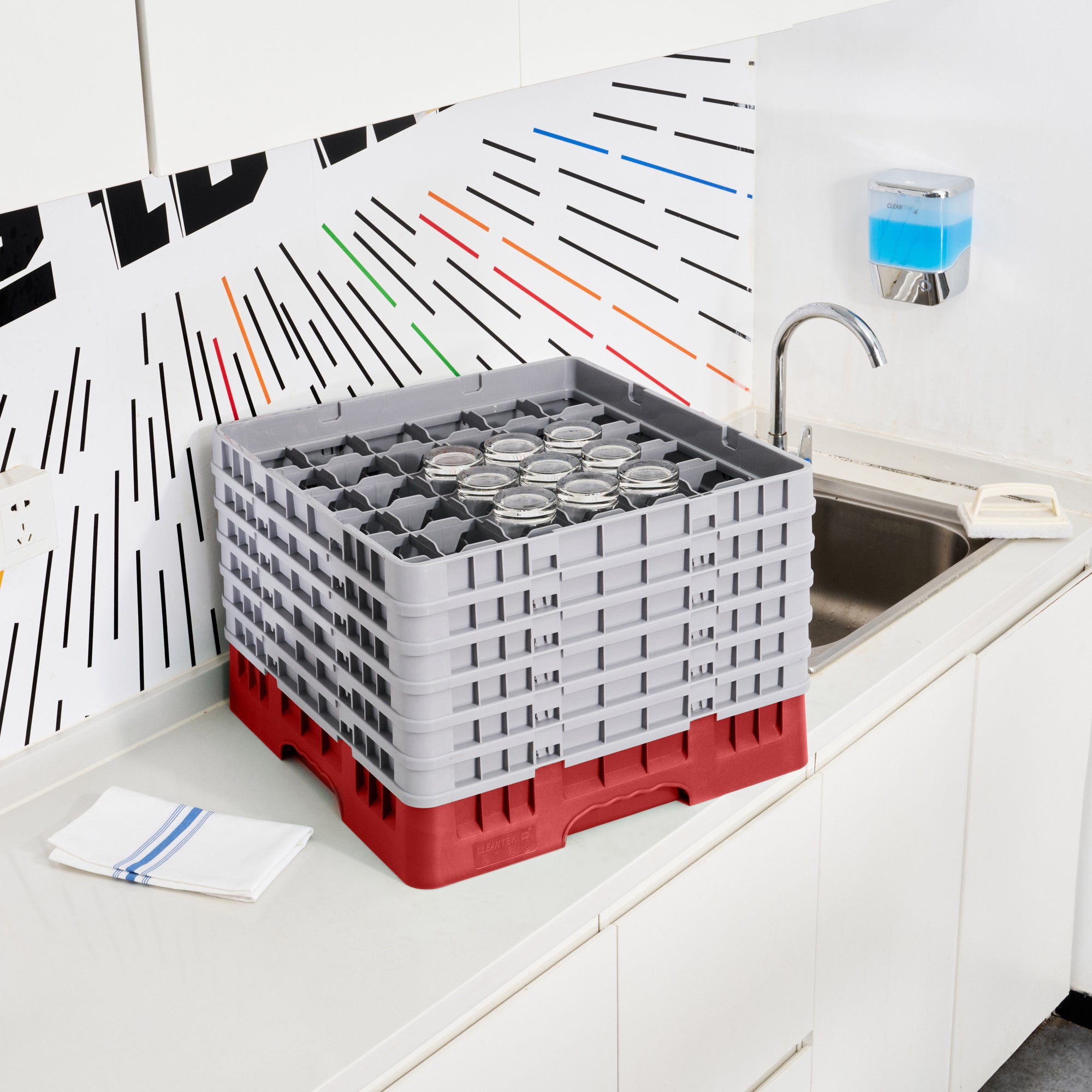 Clean Tek Professional Red Glass Rack - 36 Compartments, 1 Full Drop and 5 Half Drop Extenders - 19 3/4" x 19 3/4" x 13 3/4" - 1 count box
