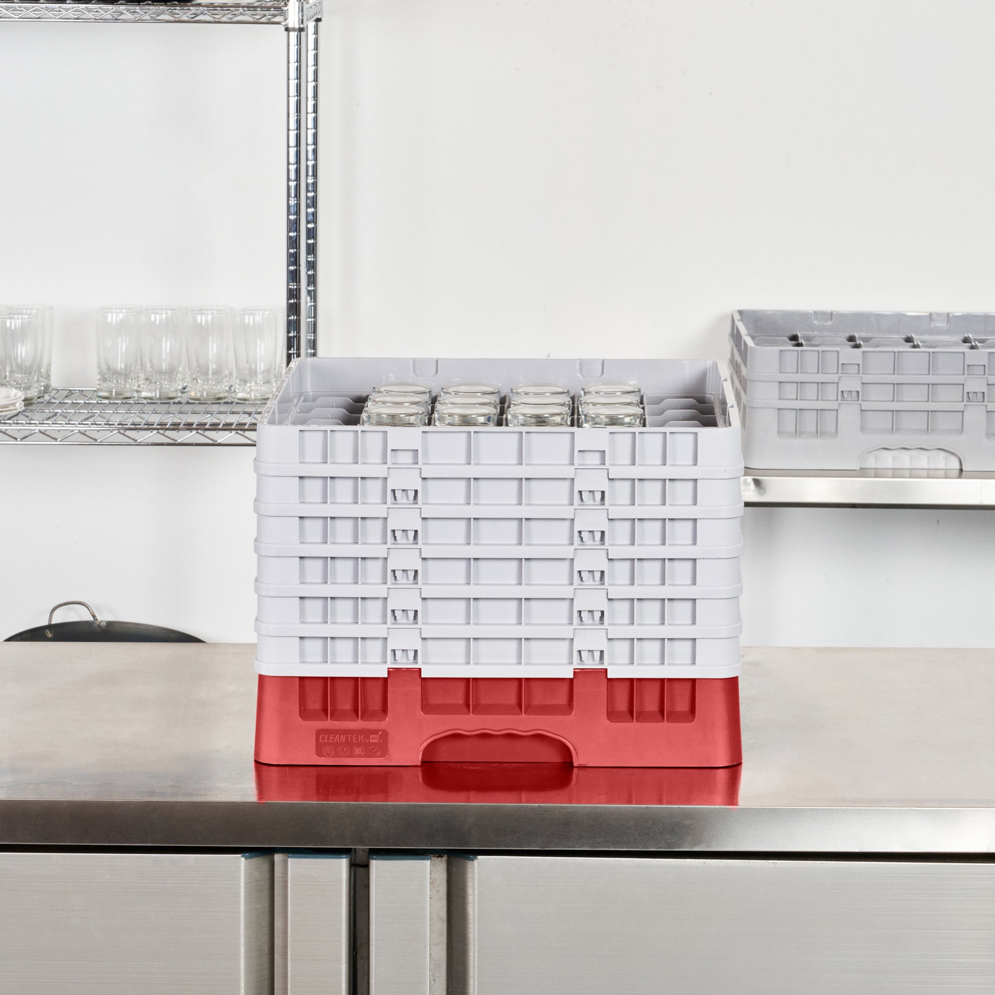 Clean Tek Professional Red Glass Rack - 36 Compartments, 1 Full Drop and 5 Half Drop Extenders - 19 3/4" x 19 3/4" x 13 3/4" - 1 count box