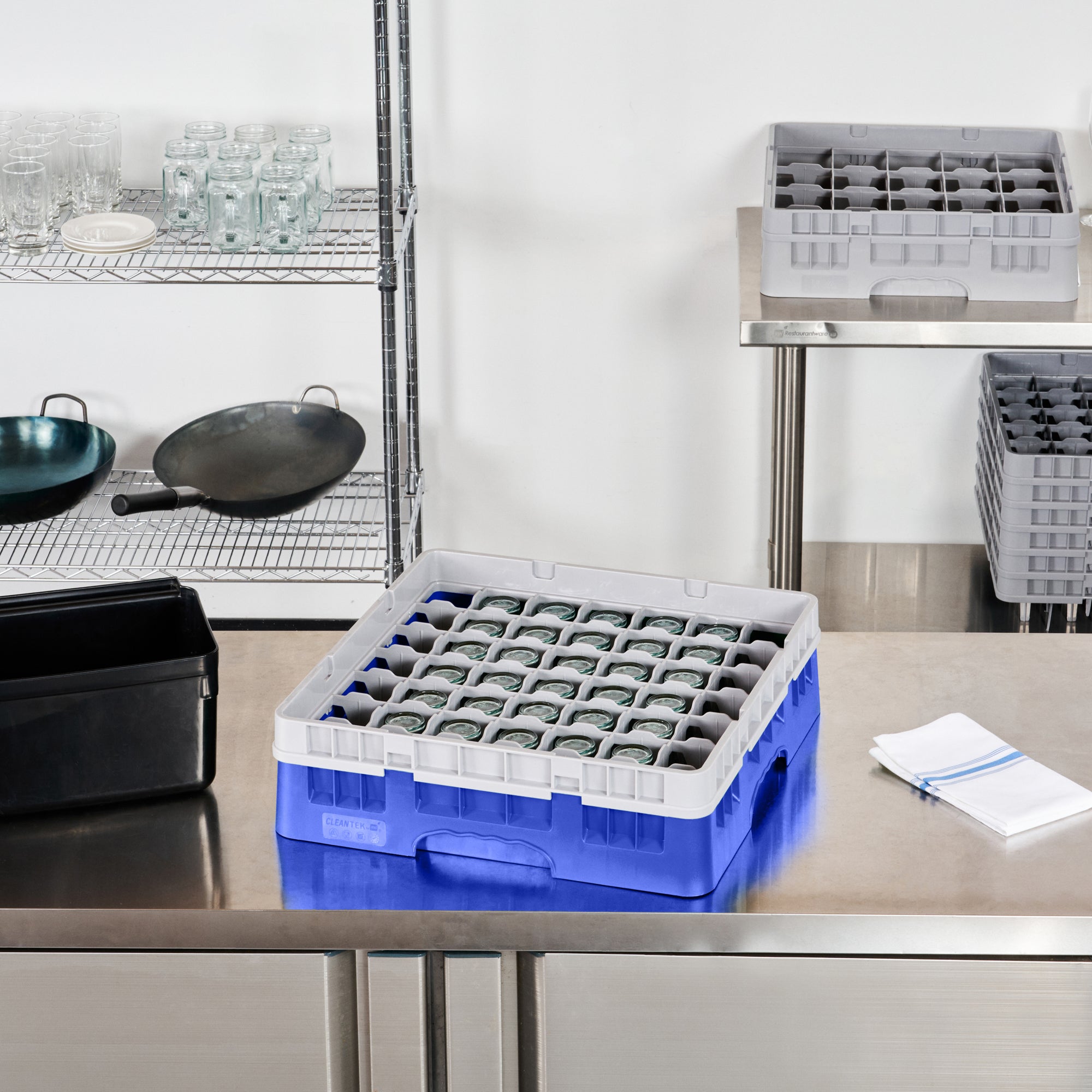 Clean Tek Professional Blue Glass Rack - 49 Compartments, 1 Full Drop Extender - 19 3/4" x 19 3/4" x 5 3/4" - 1 count box