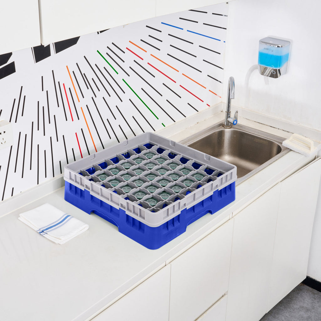 Clean Tek Professional Blue Glass Rack - 49 Compartments, 1 Full Drop Extender - 19 3/4" x 19 3/4" x 5 3/4" - 1 count box