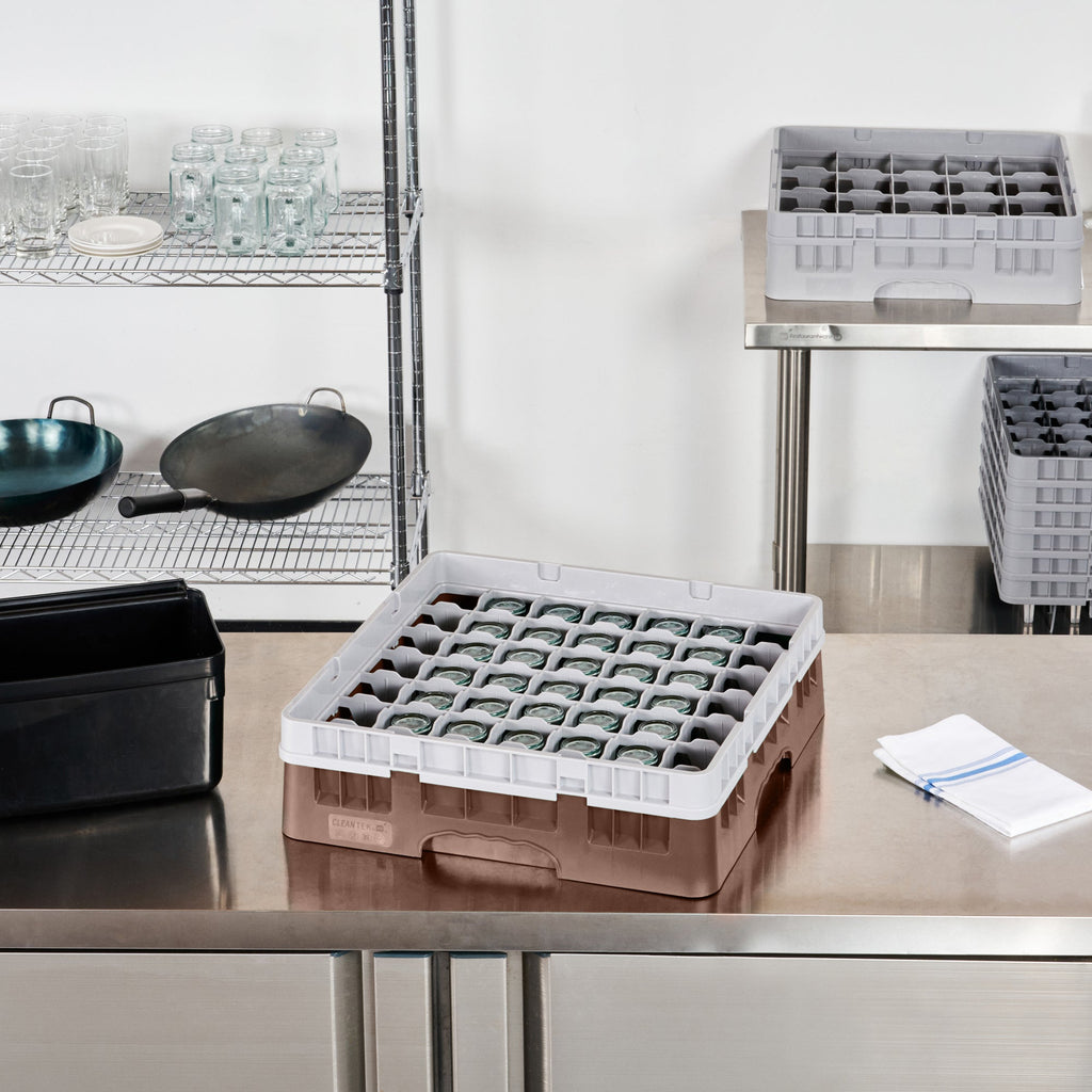 Clean Tek Professional Brown Glass Rack - 49 Compartments, 1 Full Drop Extender - 19 3/4" x 19 3/4" x 5 3/4" - 1 count box
