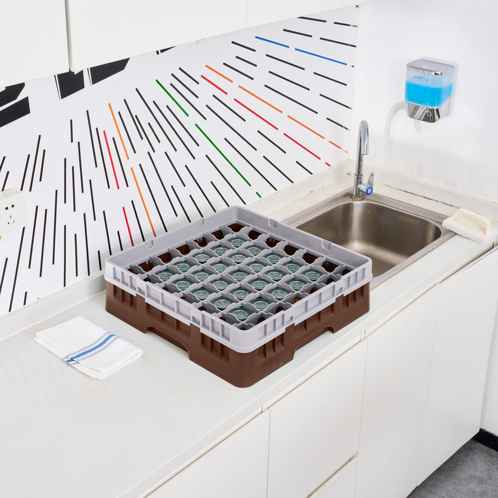 Clean Tek Professional Brown Glass Rack - 49 Compartments, 1 Full Drop Extender - 19 3/4" x 19 3/4" x 5 3/4" - 1 count box
