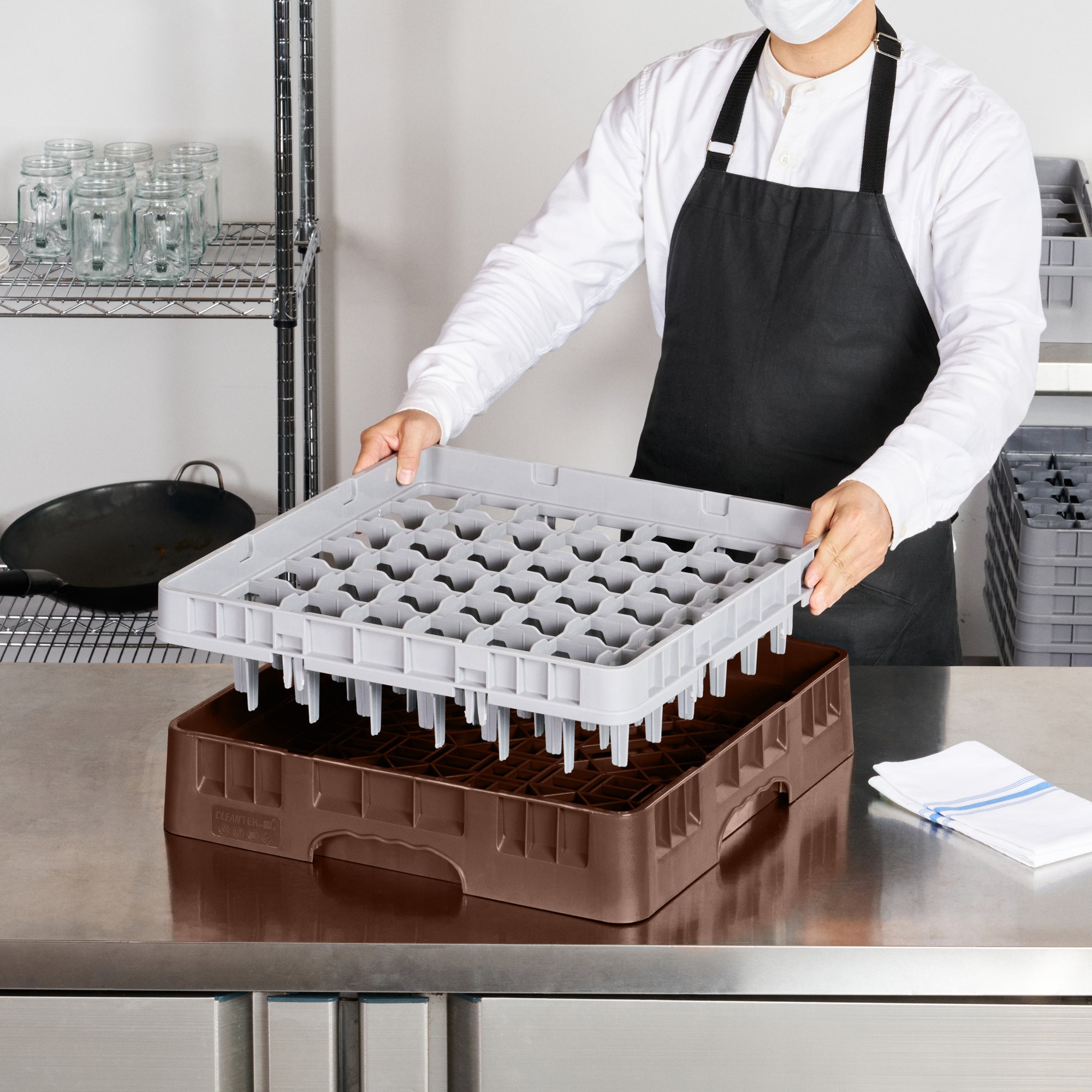 Clean Tek Professional Brown Glass Rack - 49 Compartments, 1 Full Drop Extender - 19 3/4" x 19 3/4" x 5 3/4" - 1 count box